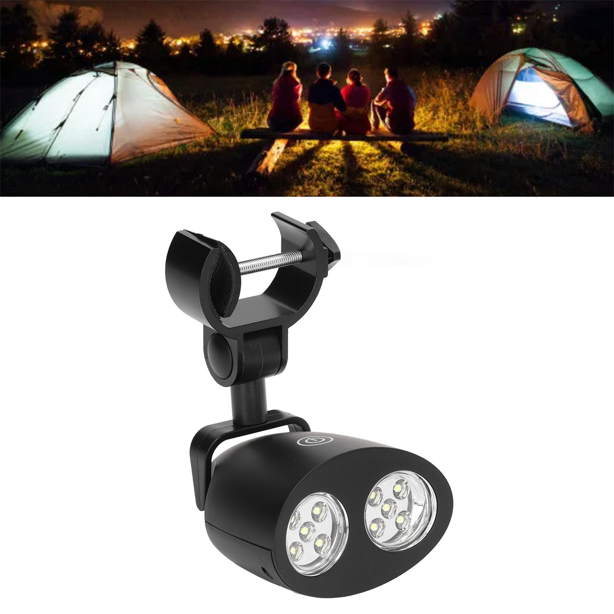 Schwarze Lampe an einer Halterung befestigt und eine Gruppe von Menschen am Lagerfeuer.