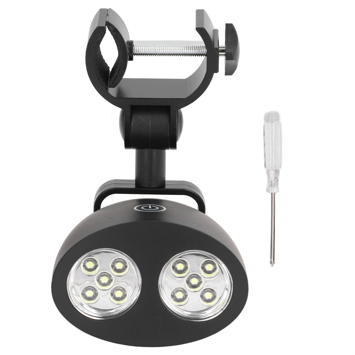 Schwarzes LED-Licht mit Klemme und Schraubendreher. Das Licht hat zwei Linsen.