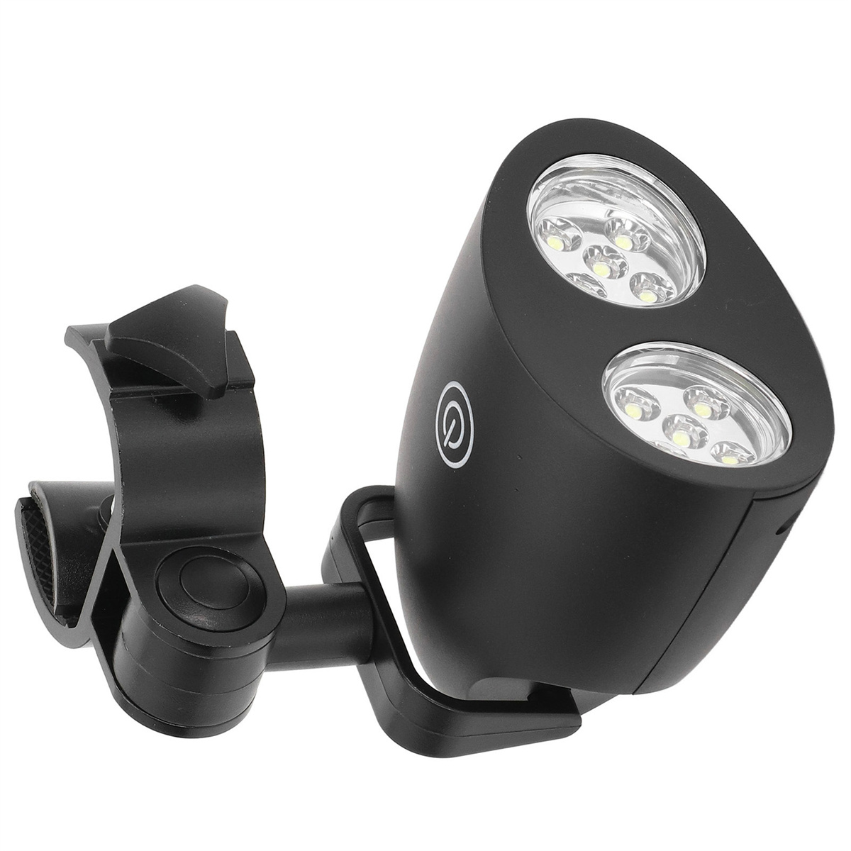 Schwarze LED-Doppellampe an einer Klemme. Die Lampe hat zwei Lichter und ein Logo.