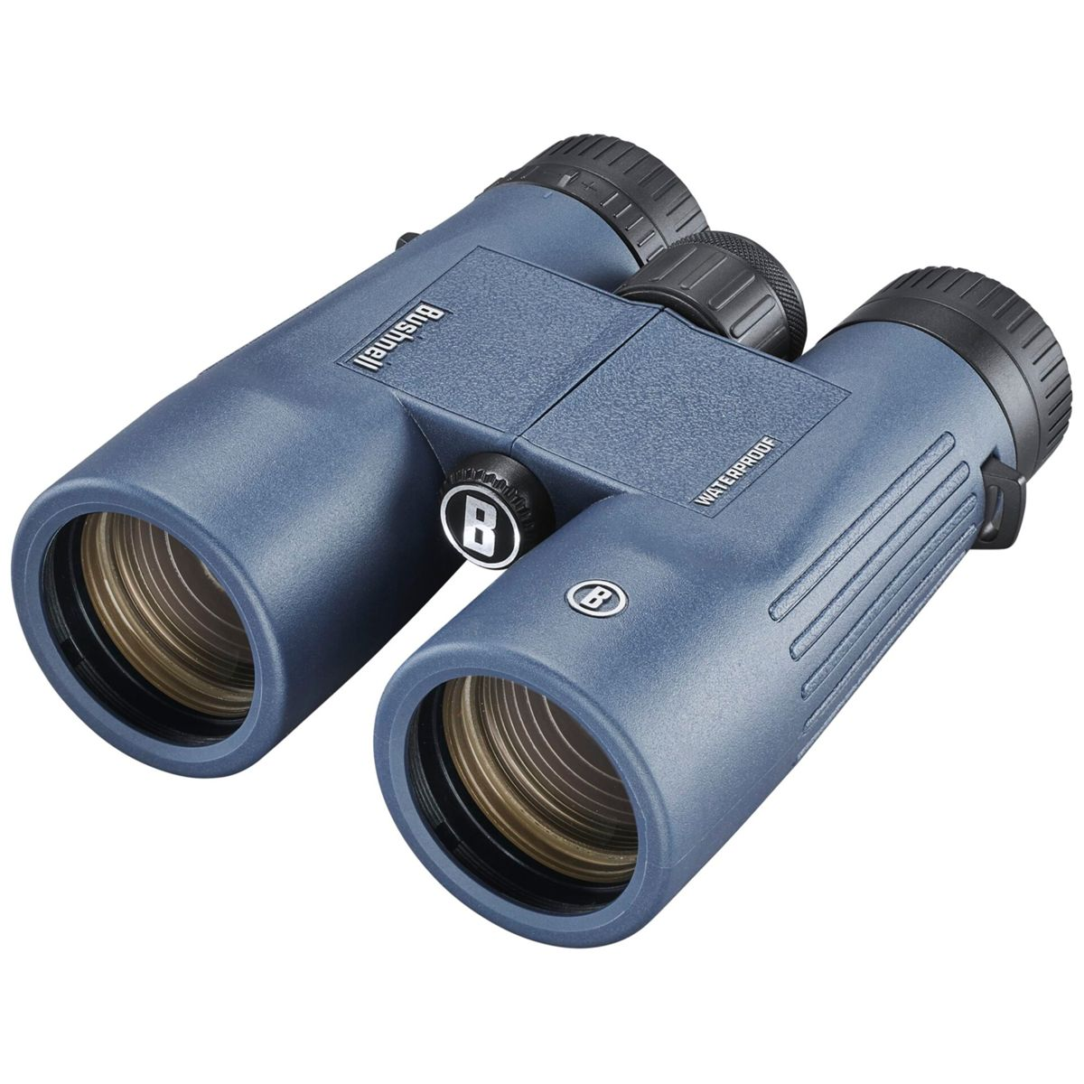 Binocolo Bushnell blu con rotella di messa a fuoco ed etichetta impermeabile, su sfondo bianco.