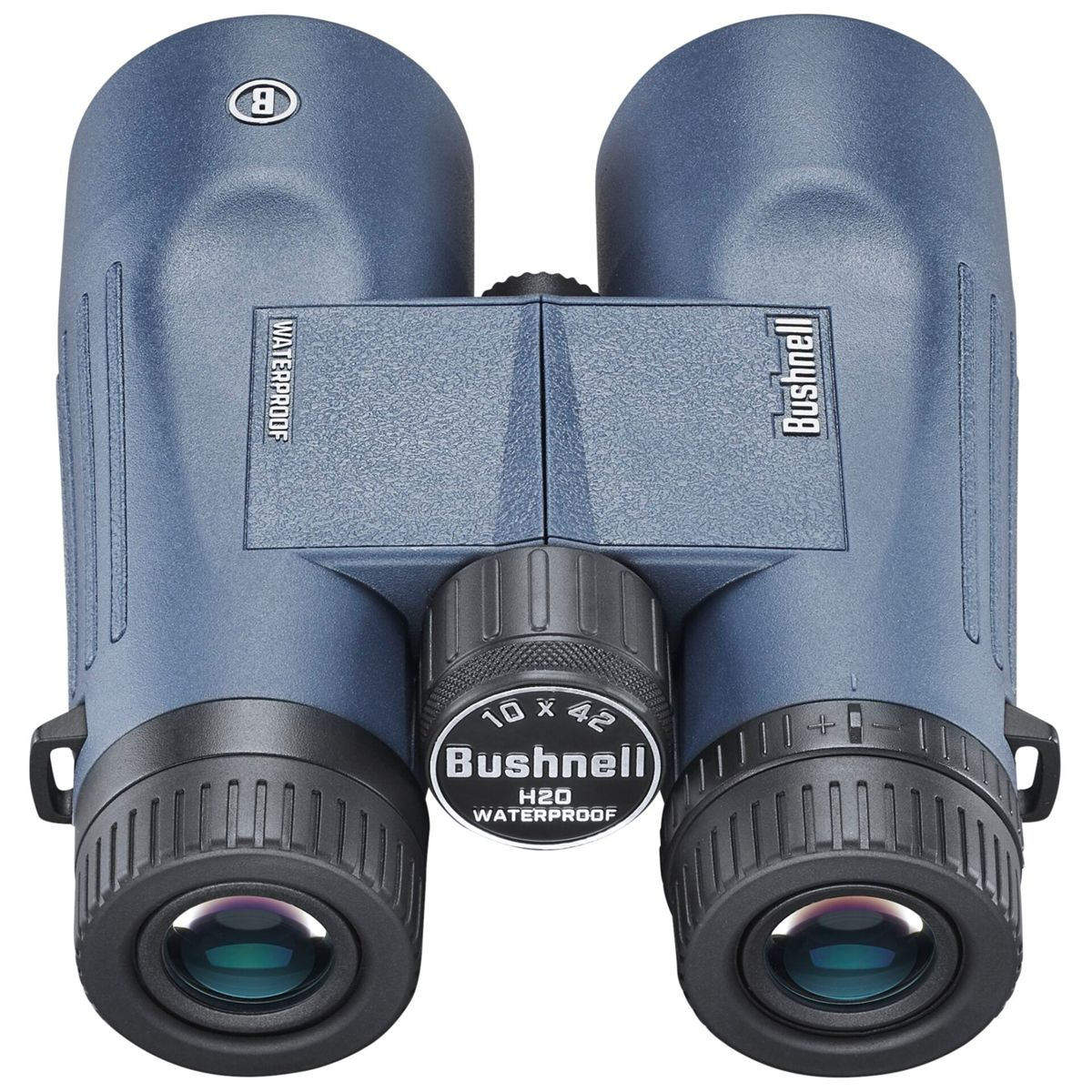 Binocolo blu con dettagli neri. Il testo 'Bushnell' e 'Waterproof' sono visibili.