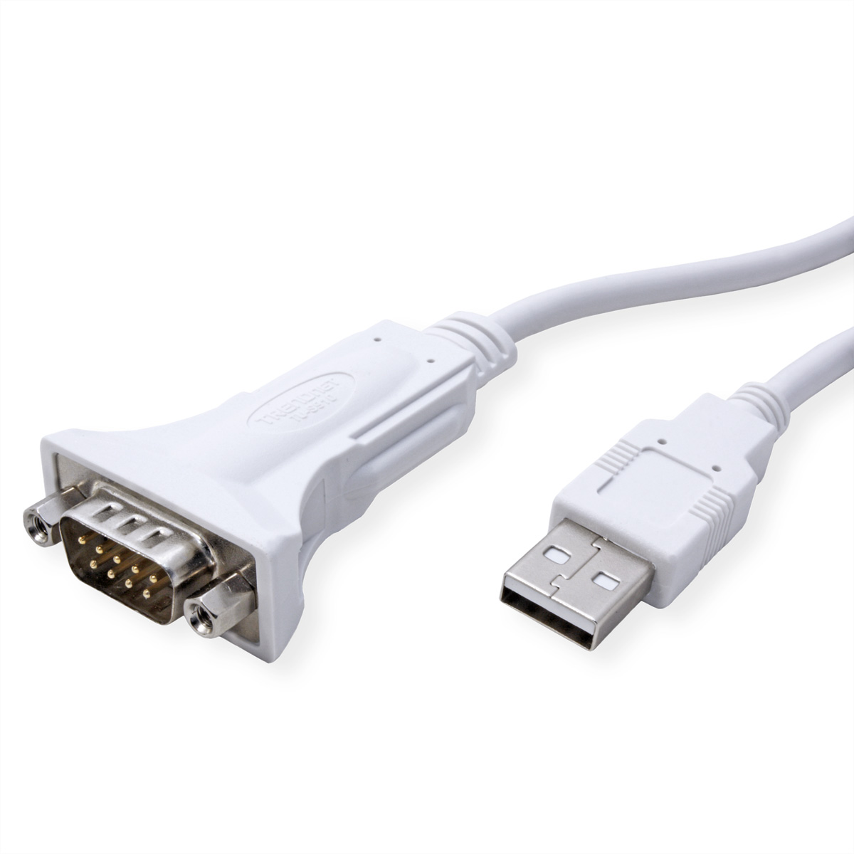 Câble USB vers série blanc. Connecteur USB à droite, connecteur série à gauche. Blanc.