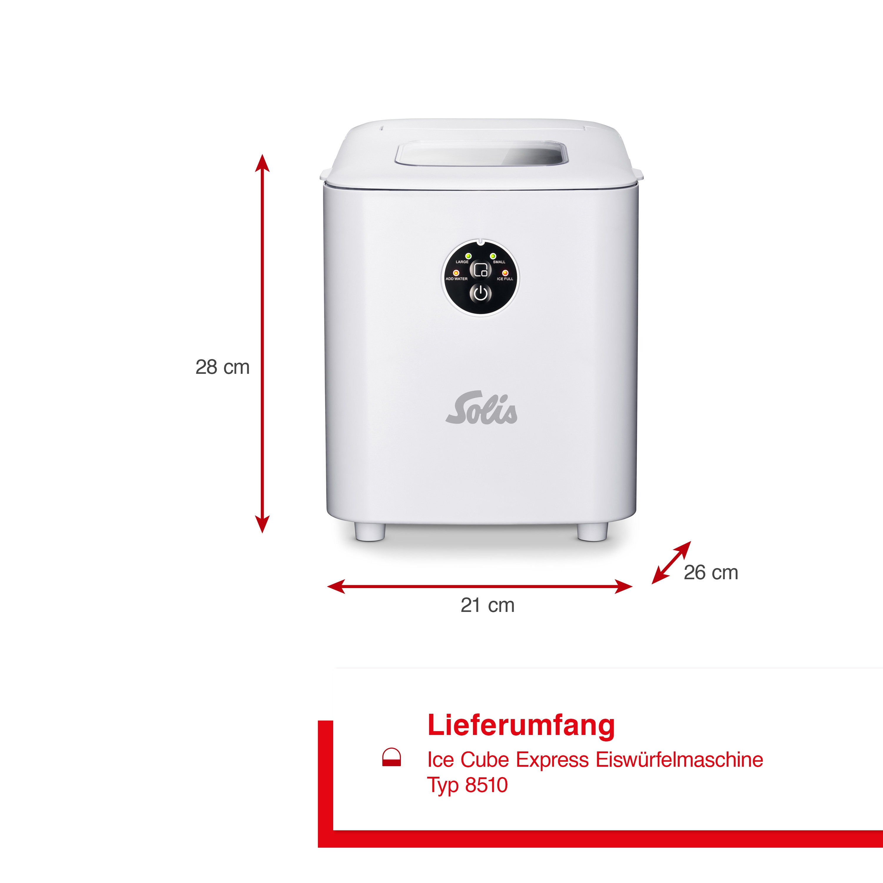 Weißer Eiswürfelbereiter mit Abmessungen und Text. Weißer Hintergrund.