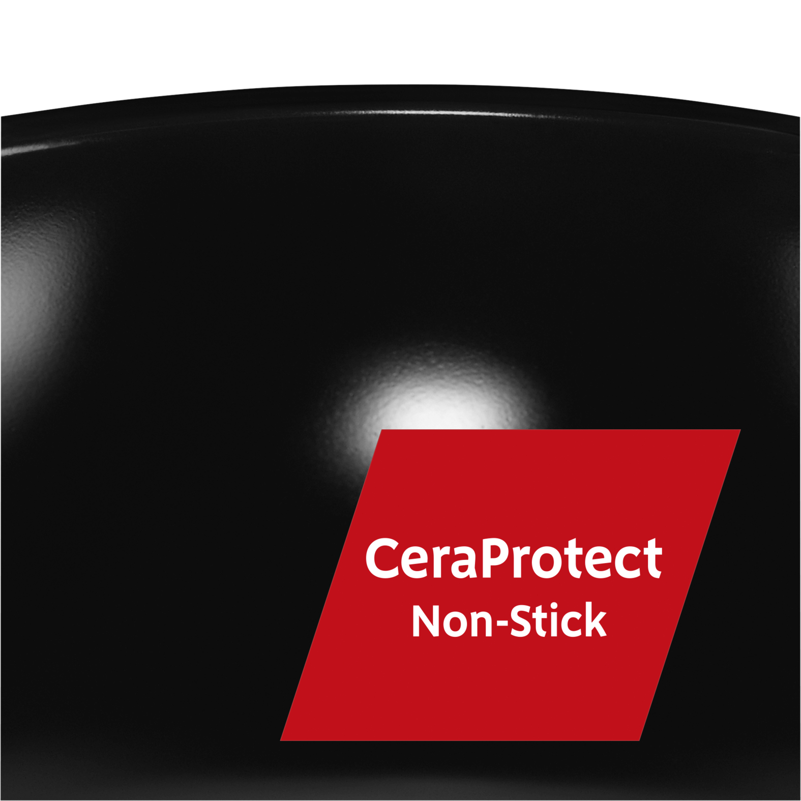 Czarny garnek z czerwoną etykietą z napisem 'CeraProtect Non-Stick'.