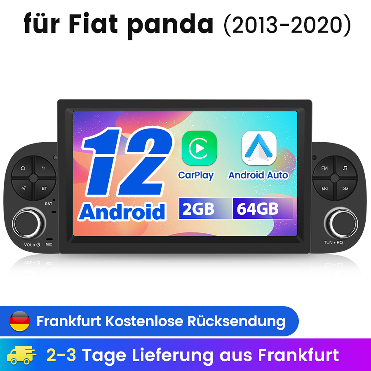 Autoradio mit Display. Text auf dem Bildschirm, sagt 12, CarPlay, Android Auto.