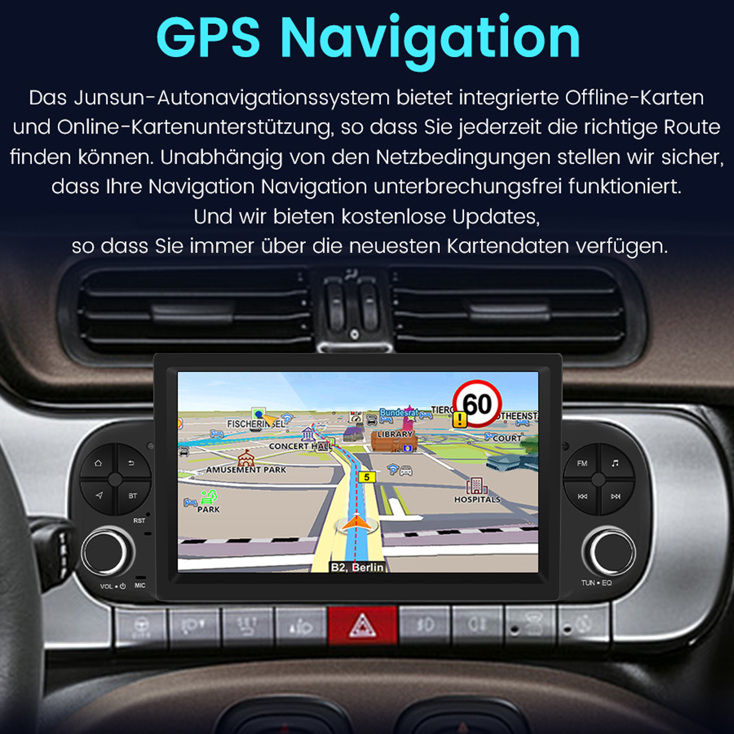 Auto-Navigationssystem, das eine Karte mit Wegbeschreibungen anzeigt.