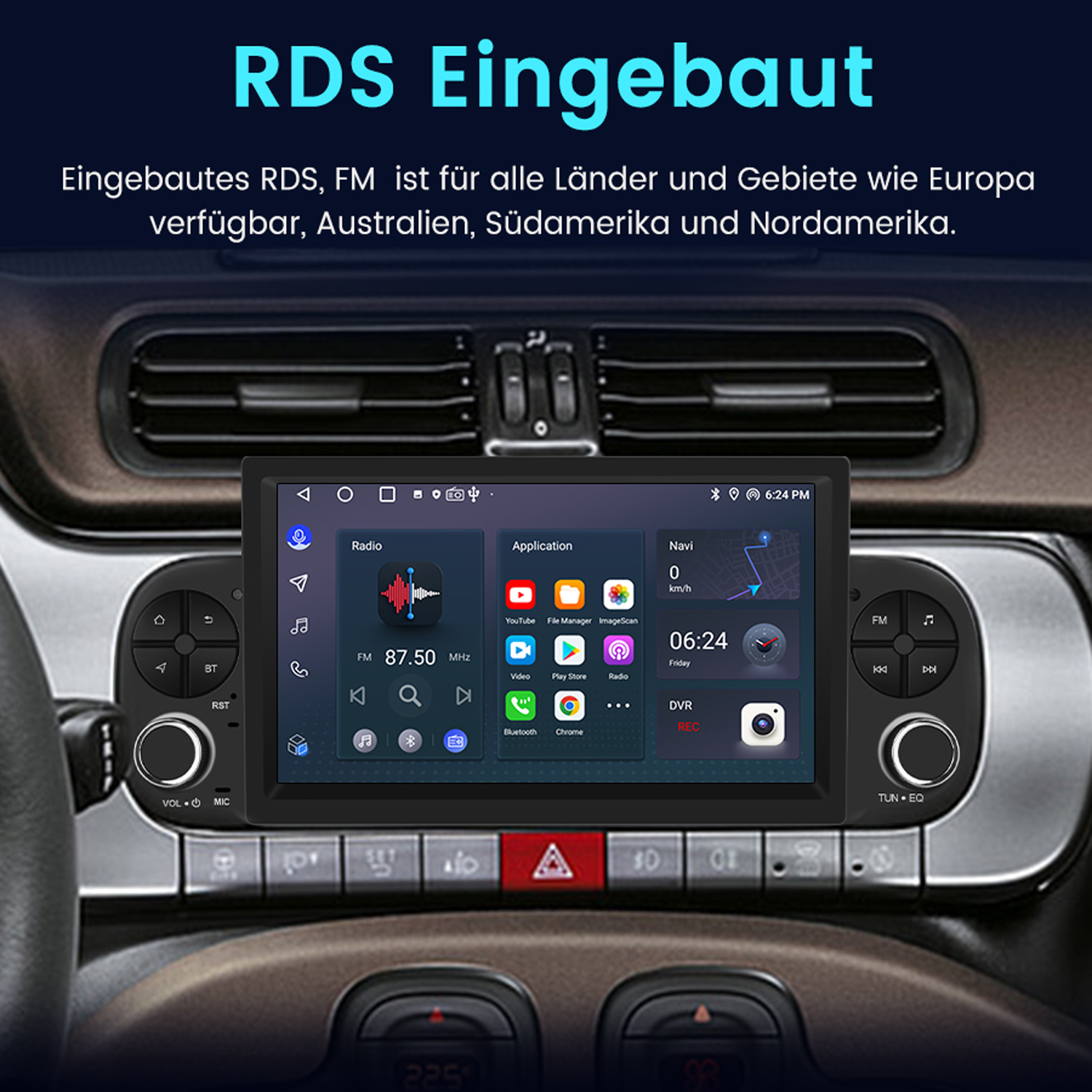Armaturenbrett eines Autos mit einem Bildschirm, der Navigation und Radio steuert.