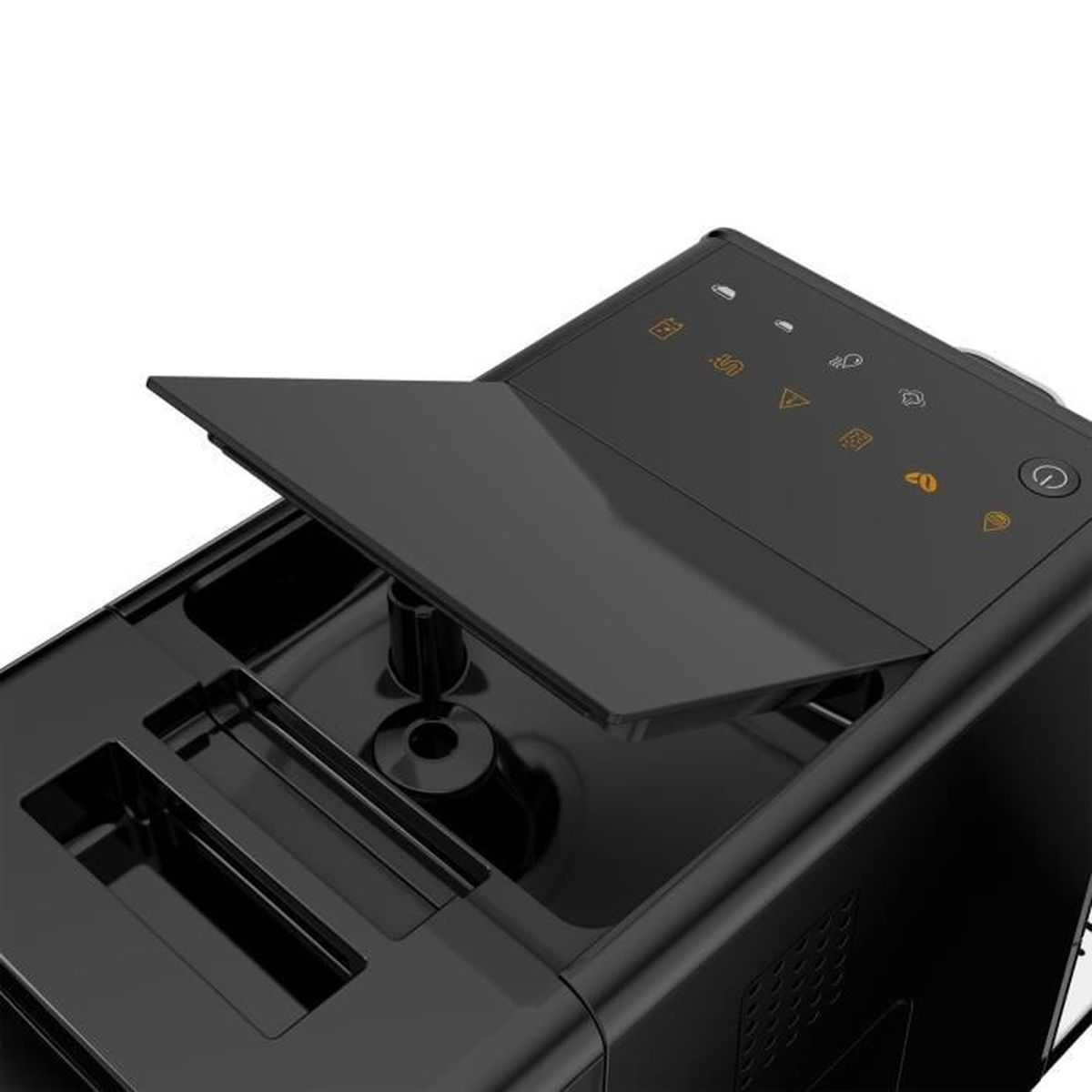 Czarny ekspres do kawy, otwarta pokrywa, widoczne przyciski, czarna powierzchnia.