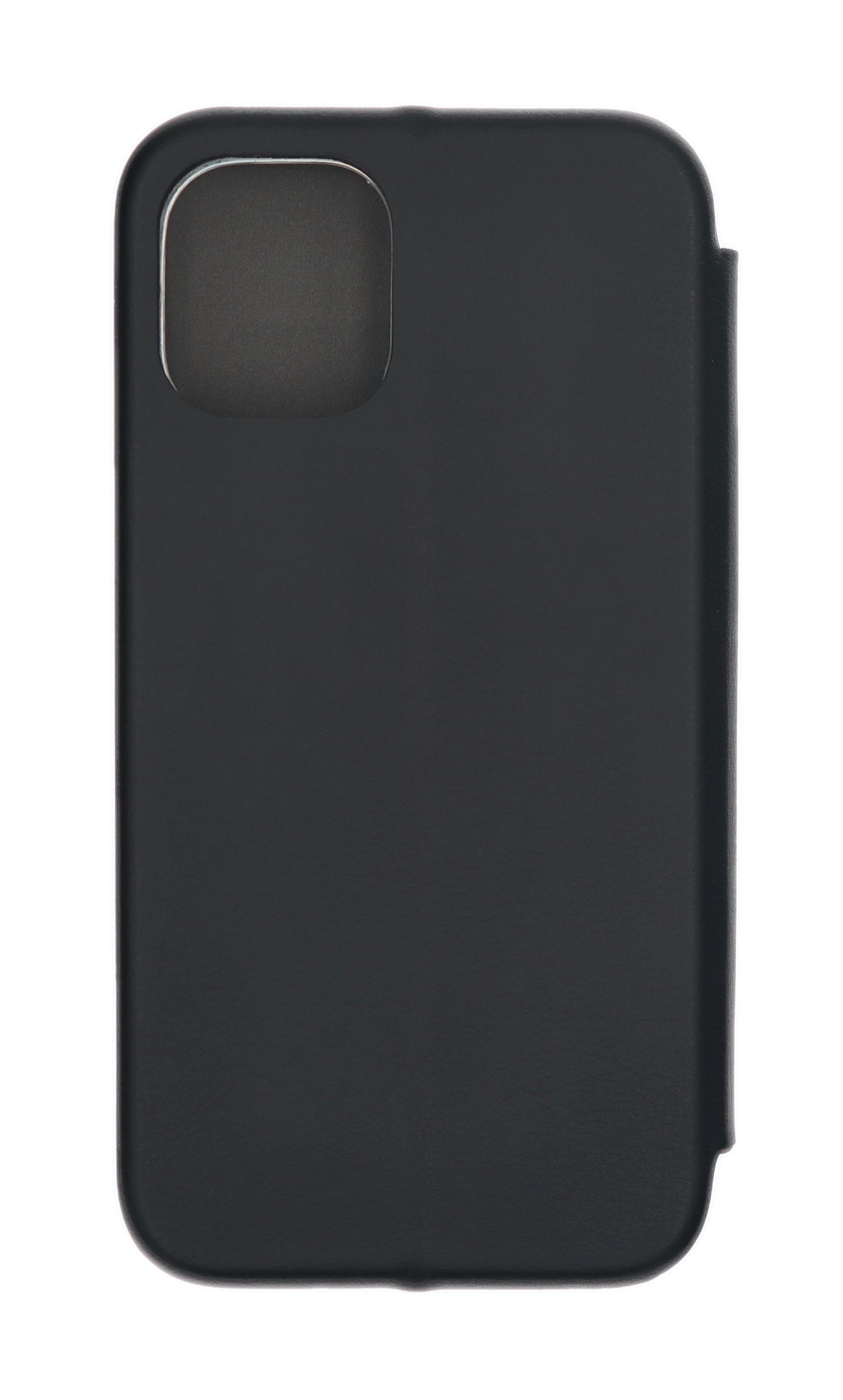 Schwarze Handyhülle mit Kameraausschnitt, geschlossen. Schlichtes Design, glatte Oberfläche.