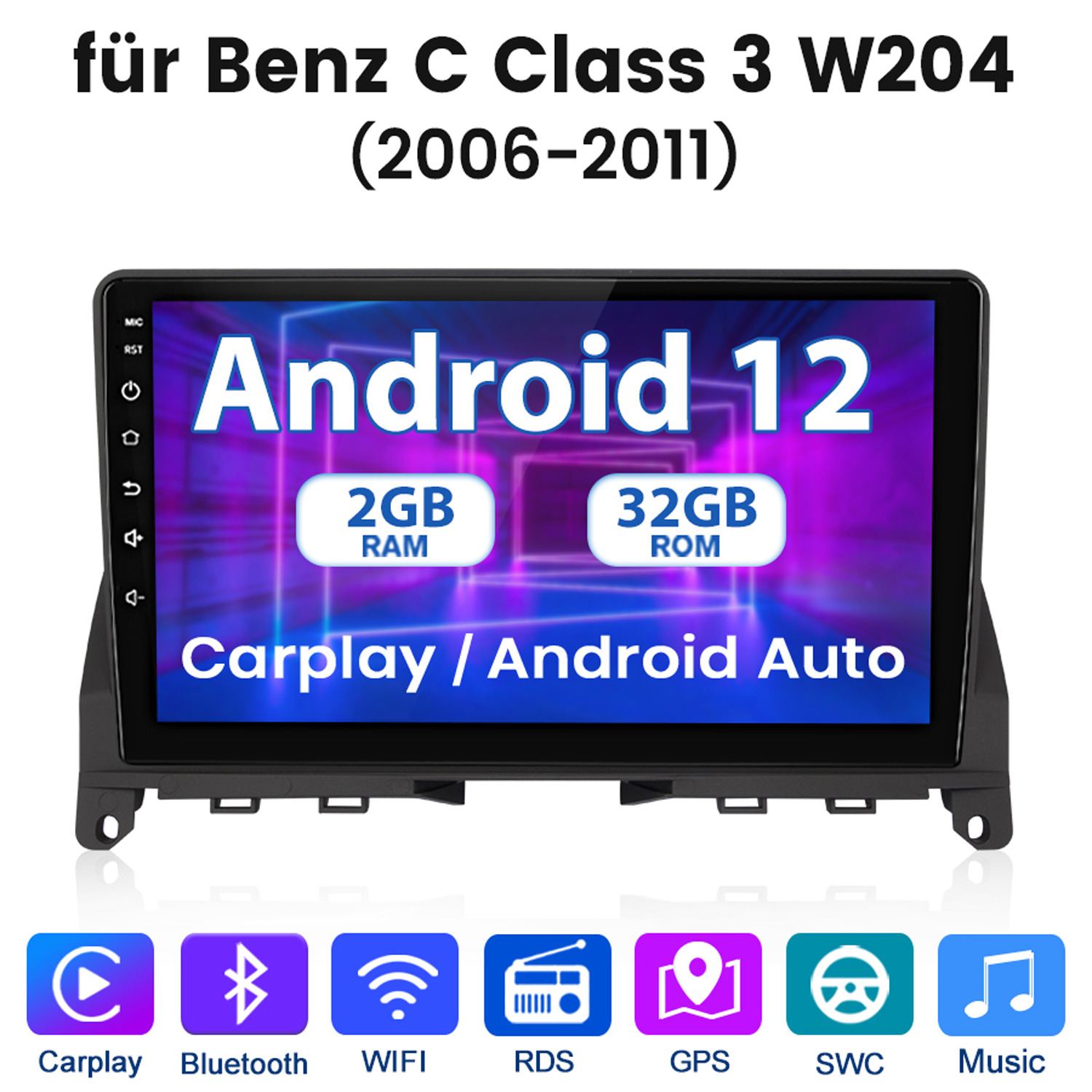 Autoradio mit Android 12 Oberfläche. Zeigt 2GB RAM, 32GB ROM und CarPlay/Android Auto Funktionen.