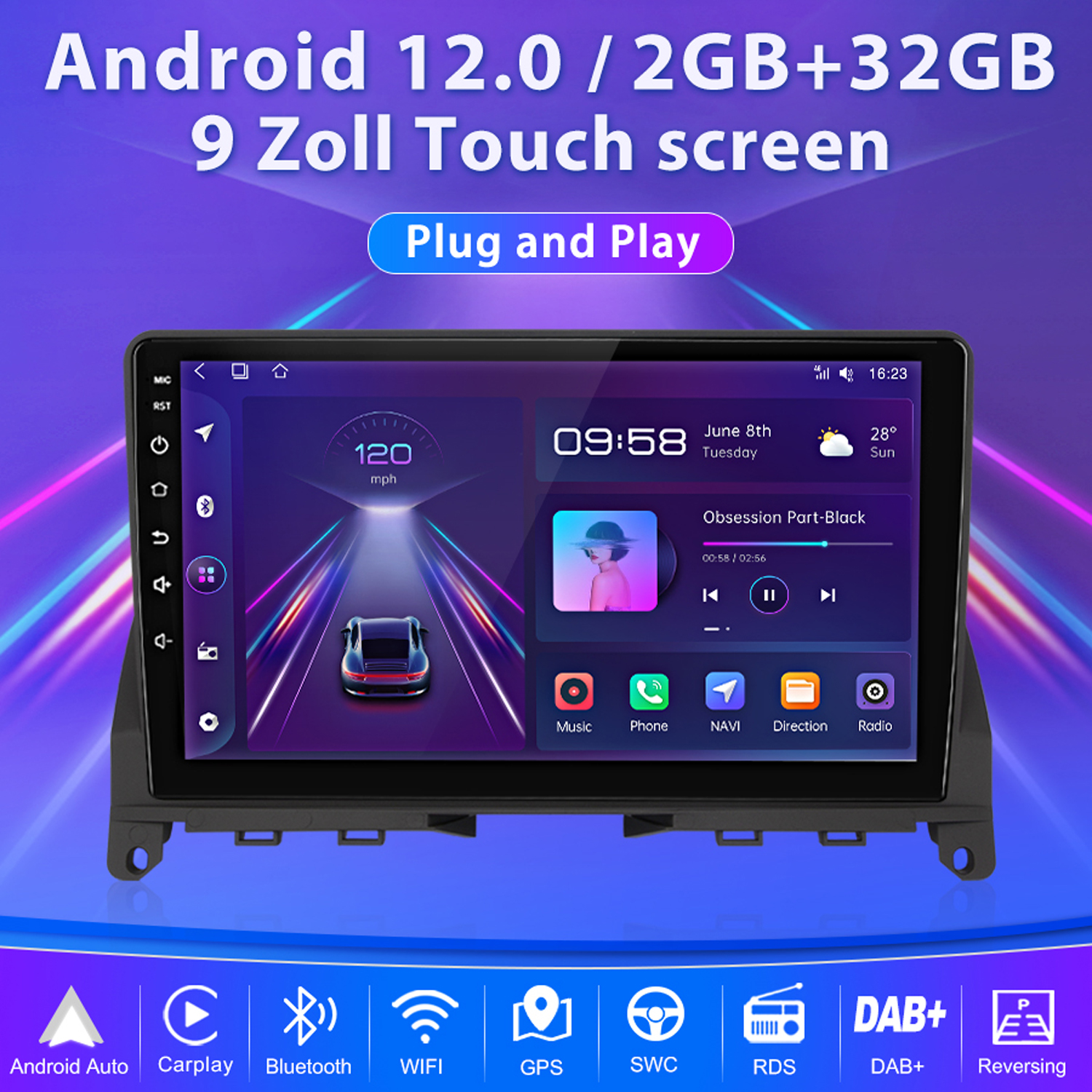 Ein Autoradio-Bildschirm, der eine Autoschnittstelle anzeigt. Merkmale: Android 12, 2GB+32GB, 9-Zoll-Touchscreen.