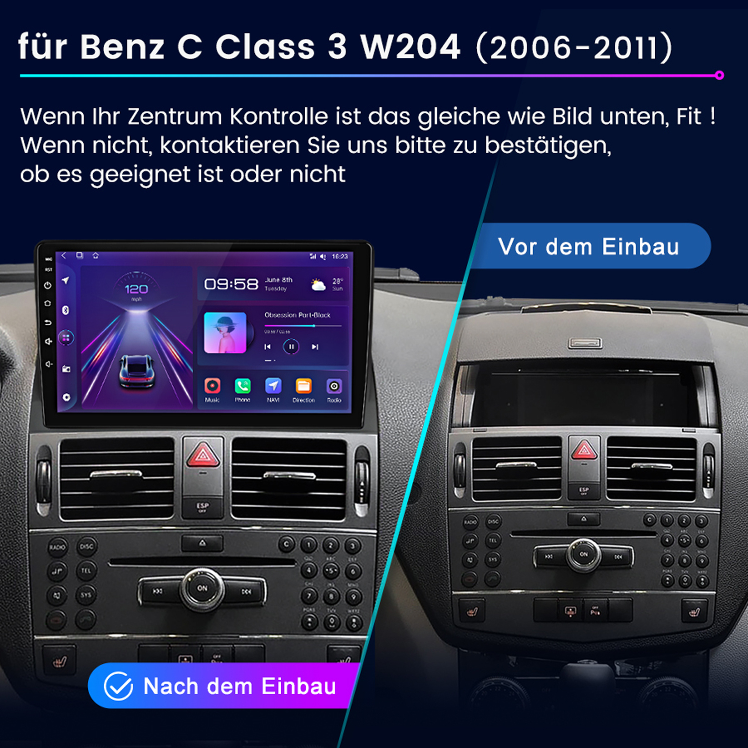 Armaturenbrett-Vergleich: altes und neues Autoradio. Das neue hat einen Bildschirm mit Navigation.