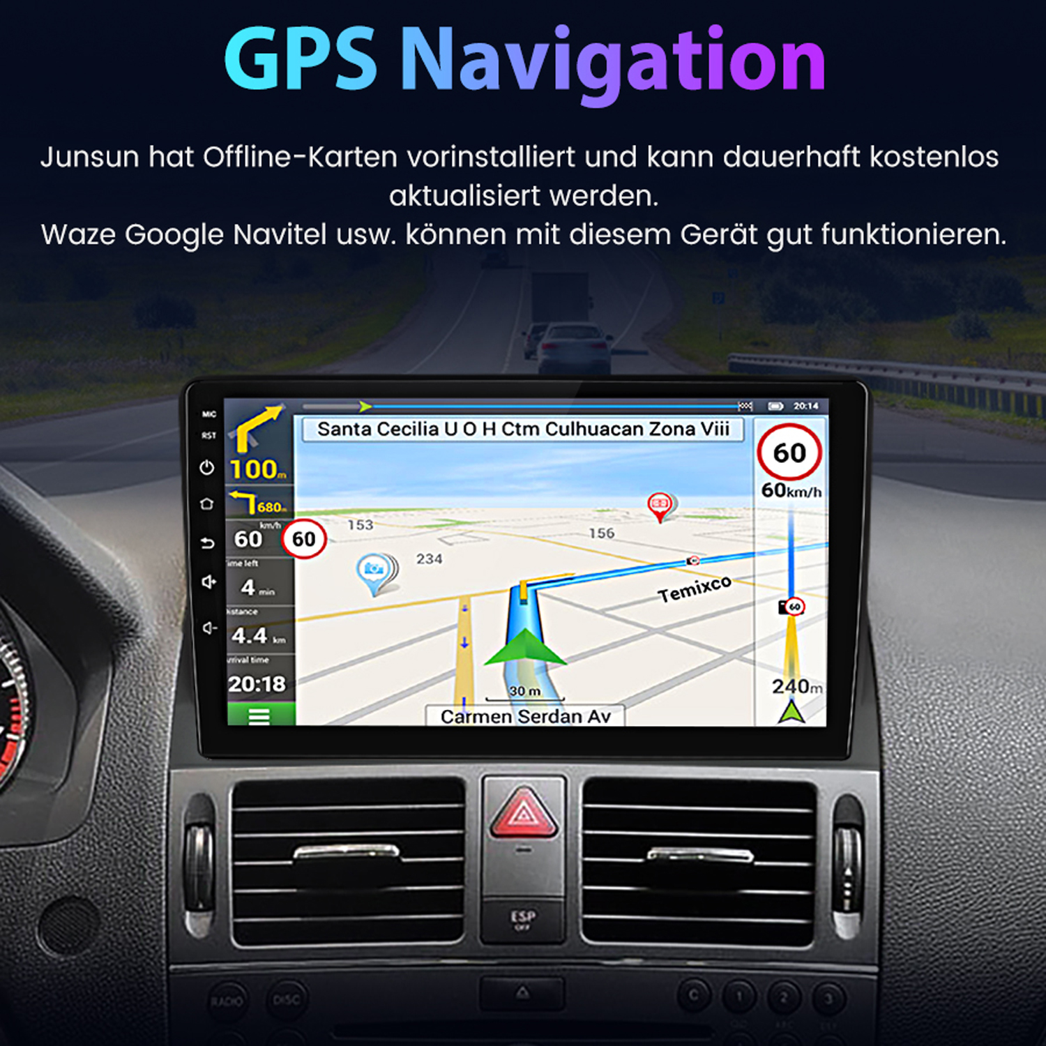 GPS-Navigationsbildschirm in einem Autoinnenraum, Karte und Anweisungen.