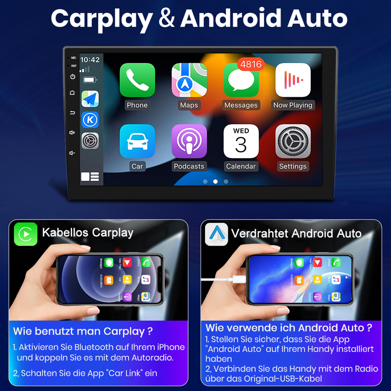 Auto-Stereoanlage mit Bildschirm, zeigt App-Symbole und Gebrauchsanweisungen.