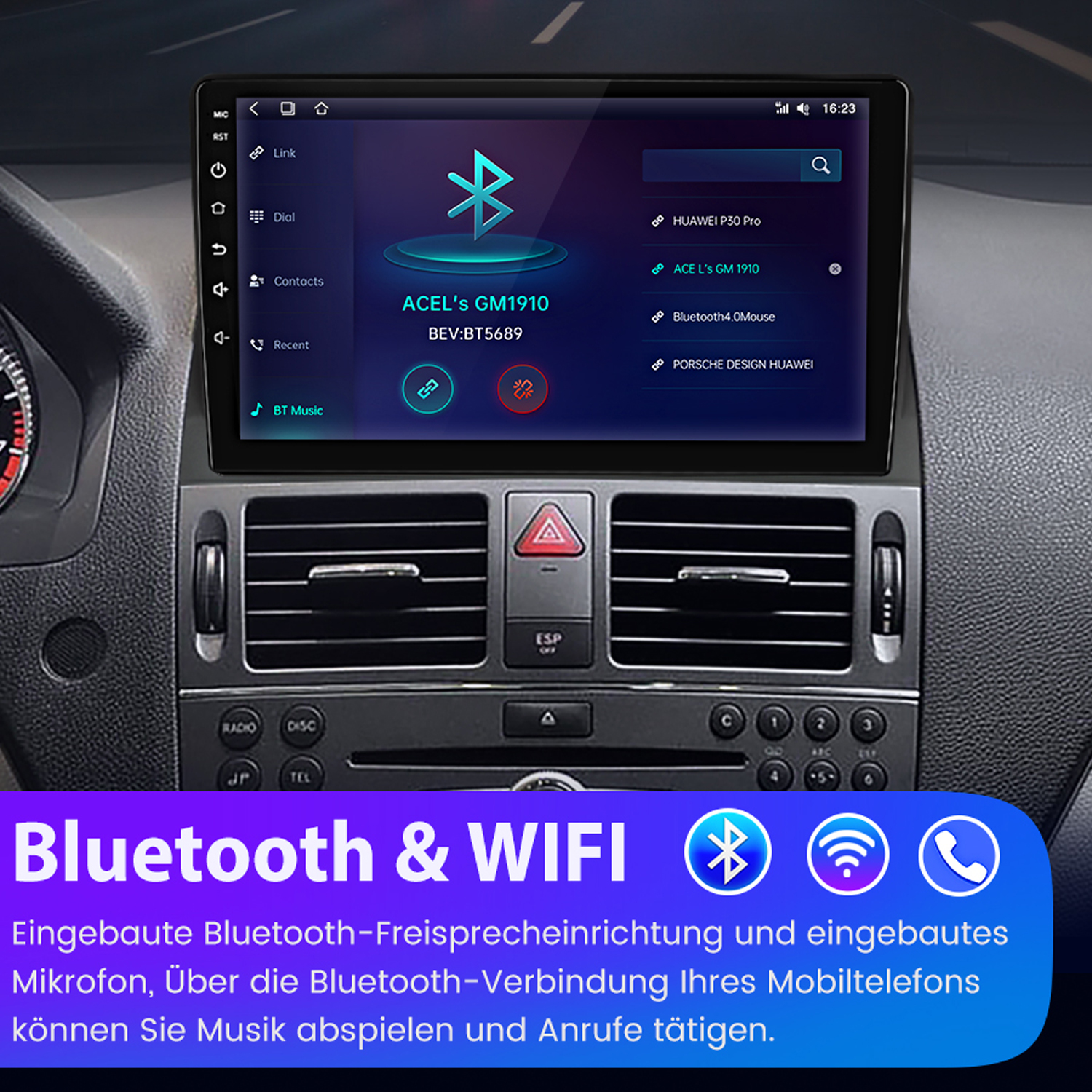 Auto-Multimedia-System-Bildschirm, der eine Bluetooth- und WLAN-Oberfläche mit Textbeschriftungen zeigt.