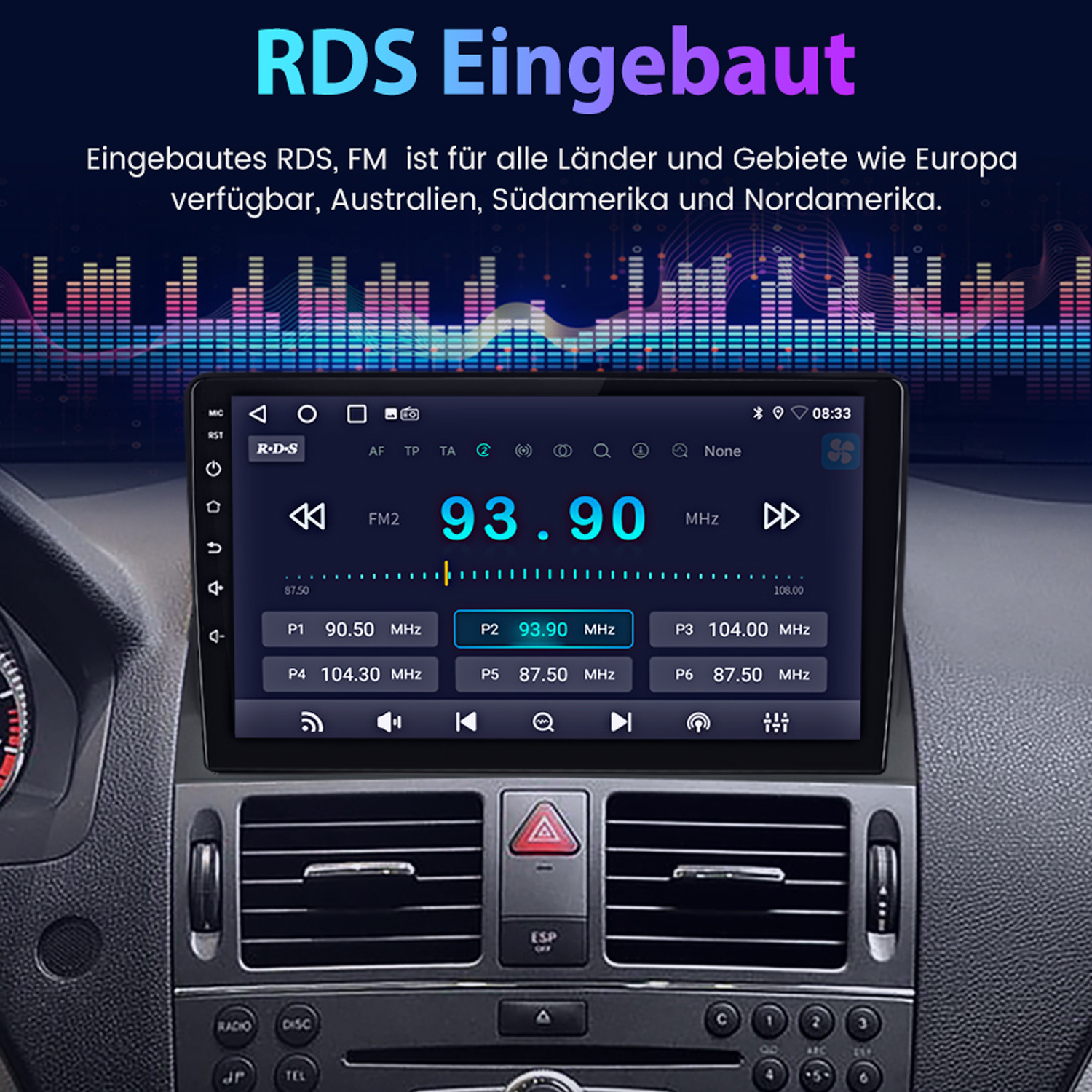 Autoradio-Bildschirm mit Senderinformationen und Bedienelementen. Text auf Deutsch, RDS, FM und Senderdetails.