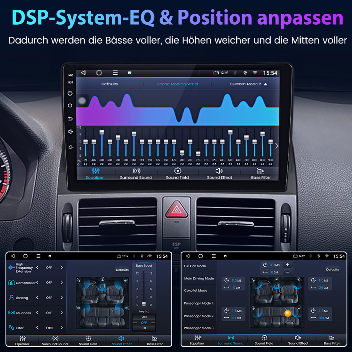 Auto-Multimedia-System-Oberfläche. Zeigt Equalizer, Surround-Sound und andere Audioeinstellungen.