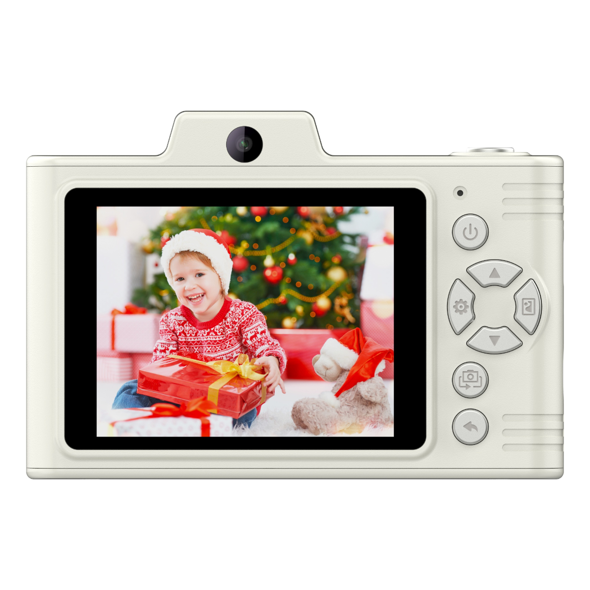 Weiße Kamera, die ein Mädchen und Geschenke auf dem Bildschirm zeigt. Weihnachtsbaum im Hintergrund.
