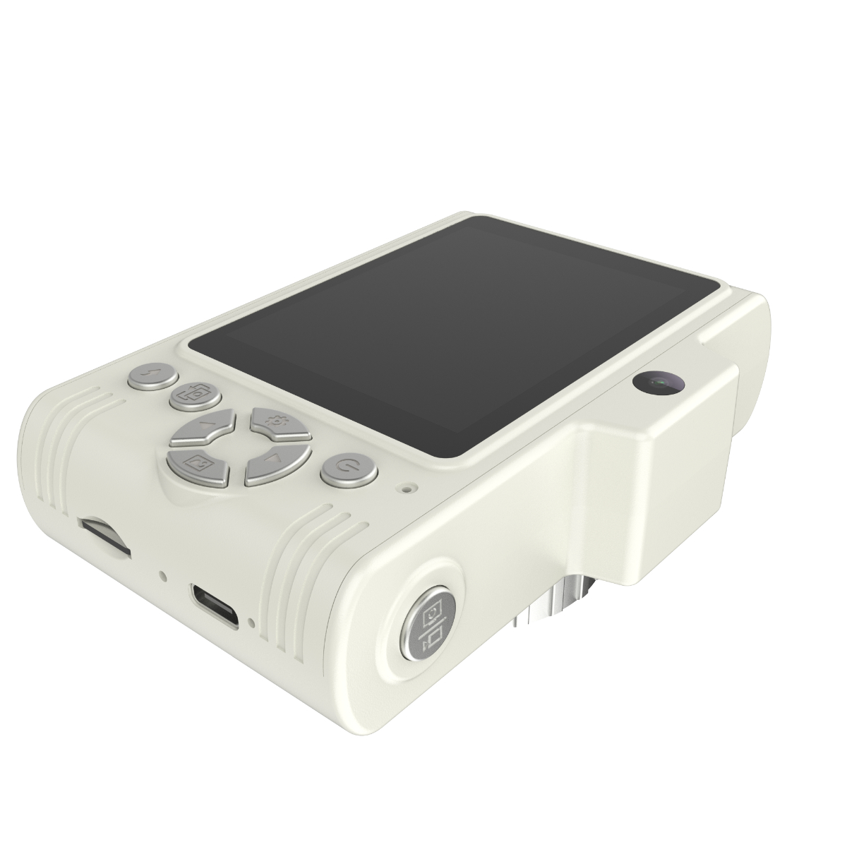 Weißes Handheld-Gerät mit Bildschirm und Knöpfen, schräge Ansicht, isoliert auf Weiß.