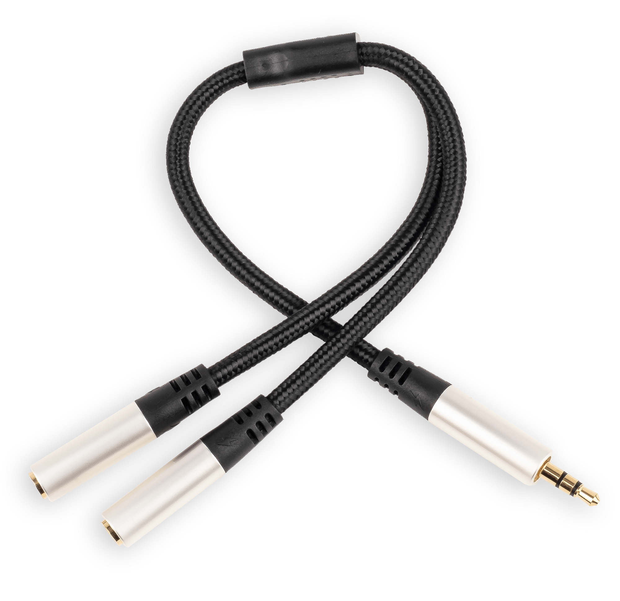 Czarny i srebrny kabel rozdzielacza audio. Dwa srebrne gniazda żeńskie i męskie złącze na białym tle.