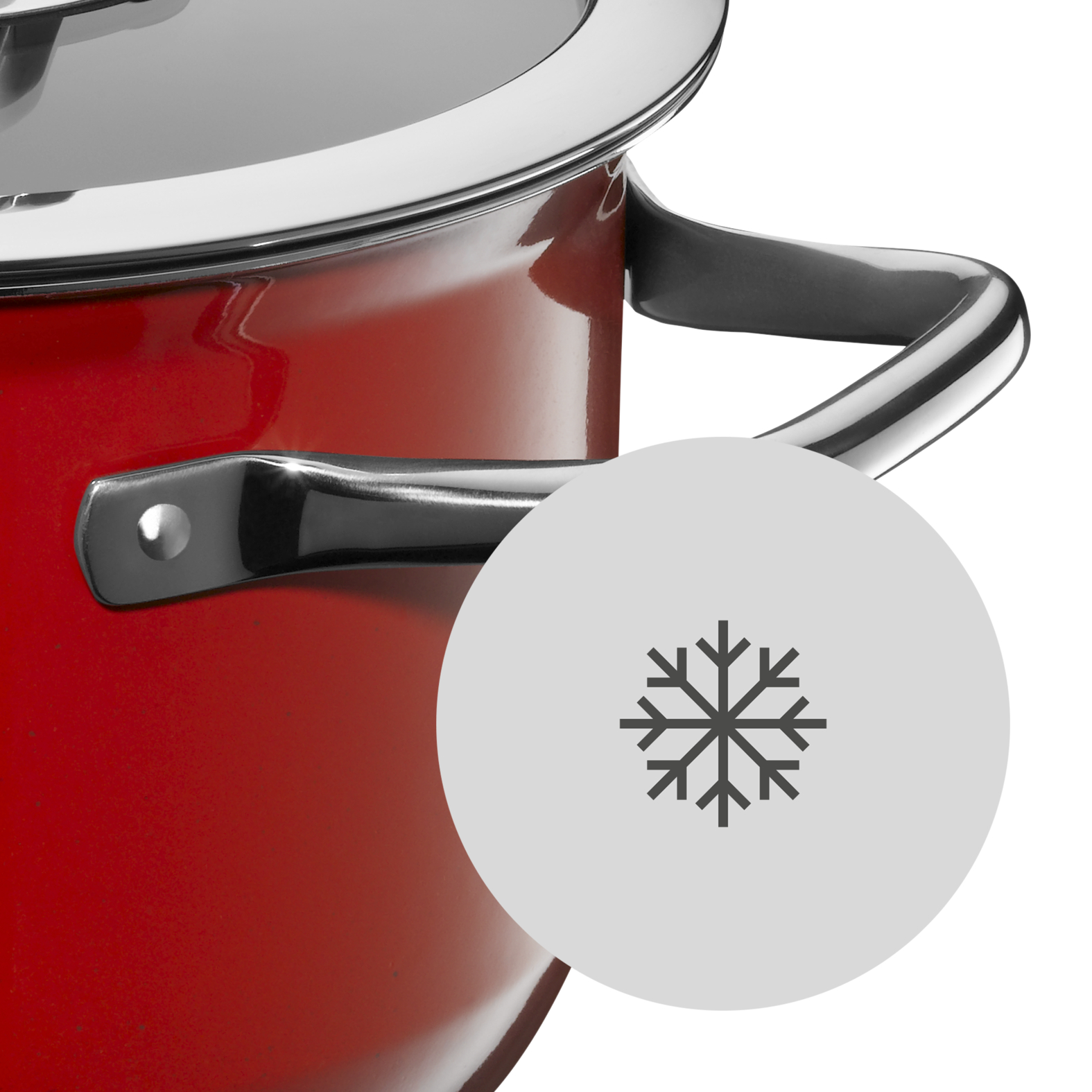 Ein roter Kochtopf mit einem Schneeflocken-Symbol, das Gefrierschrankgeeignet anzeigt.