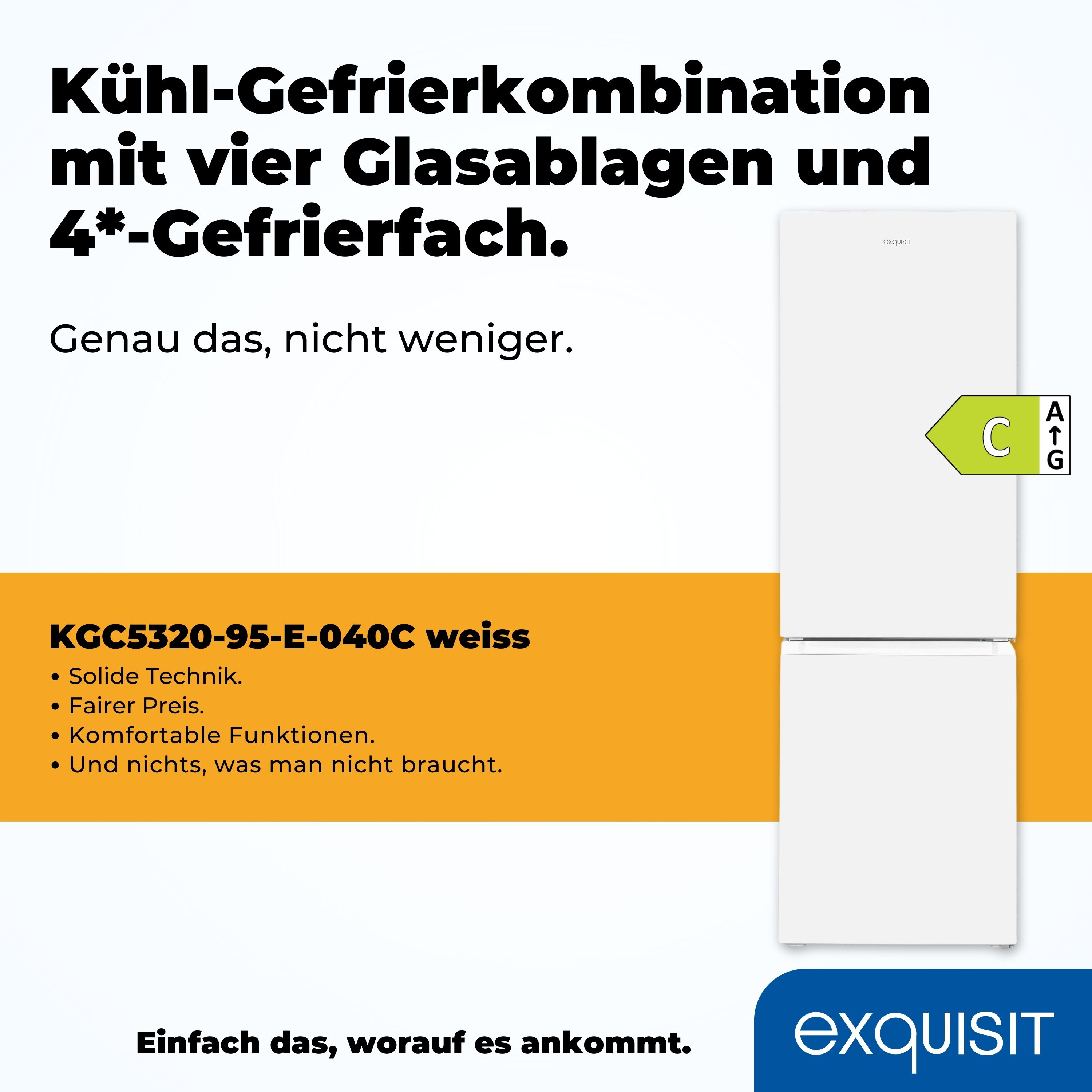 Weißer Kühlschrank mit Gefrierschublade. Text über Funktionen und Energieeffizienz.