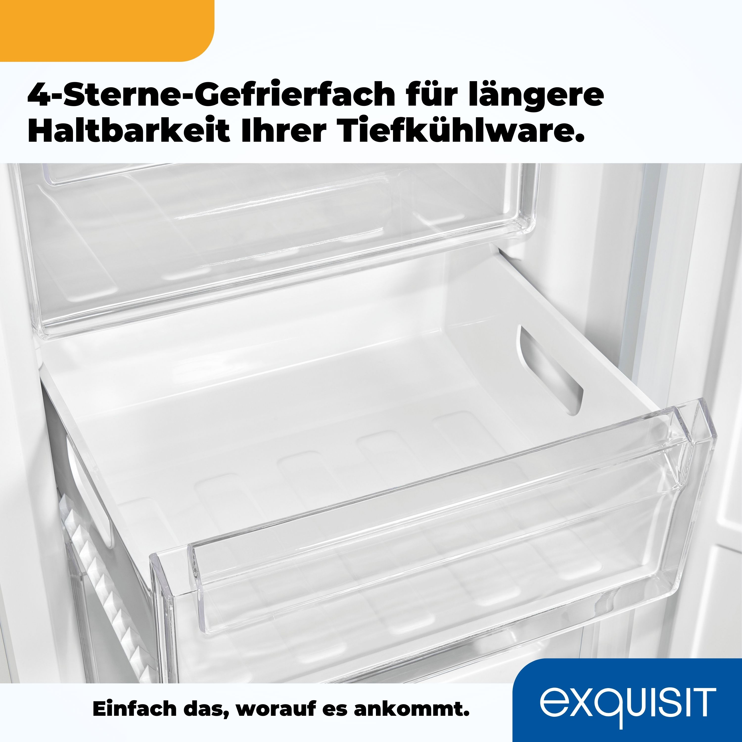Weißer Kühlschrankinnenraum mit einer transparenten Kunststoffschublade.