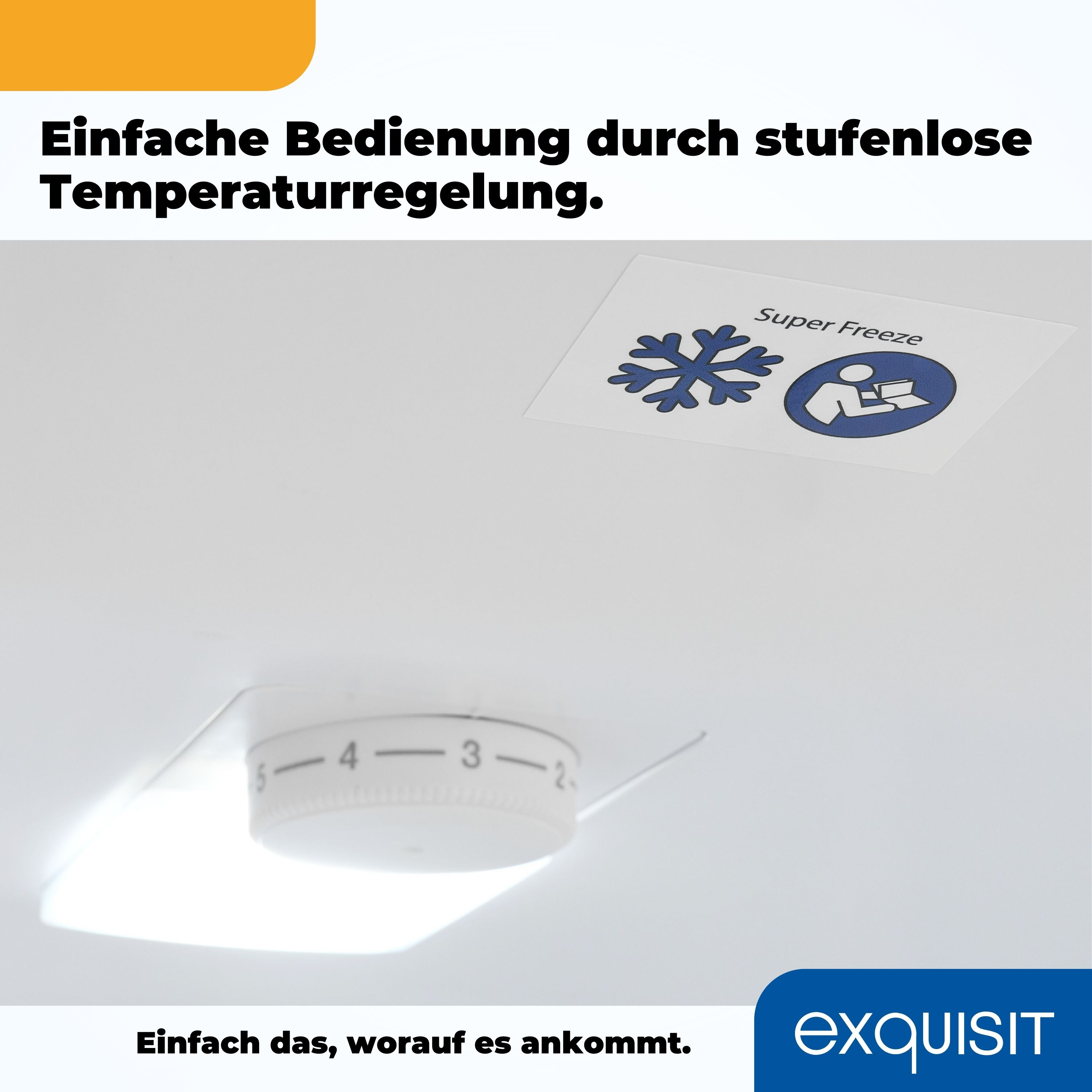 Kühlschrank-Bedienfeld mit Temperaturregler und Schneeflocken-Symbol, auf weißem Hintergrund.