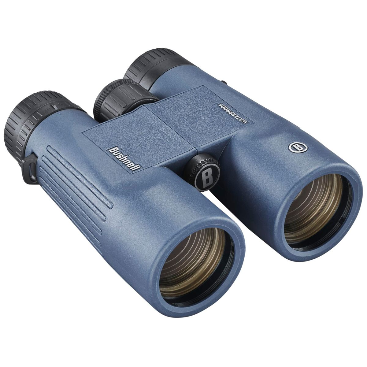 Binocolo Bushnell blu con manopola di messa a fuoco centrale ed etichetta impermeabile.