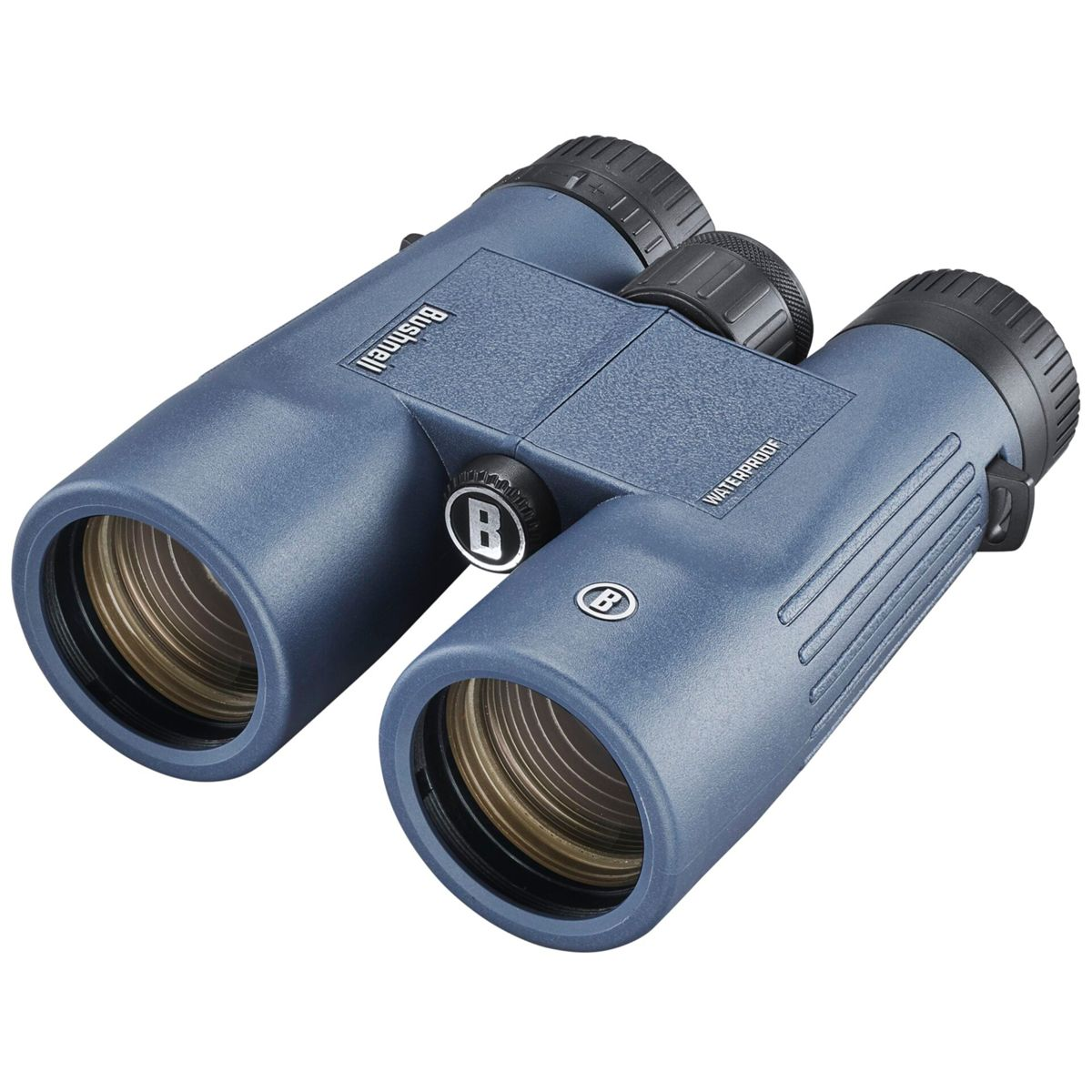 Binocolo blu con dettagli neri. La parola 'Bushnell' è visibile. Il prodotto è impermeabile.
