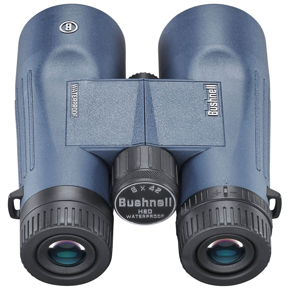 Binocolo blu, dettagli neri, centrato, su sfondo bianco.