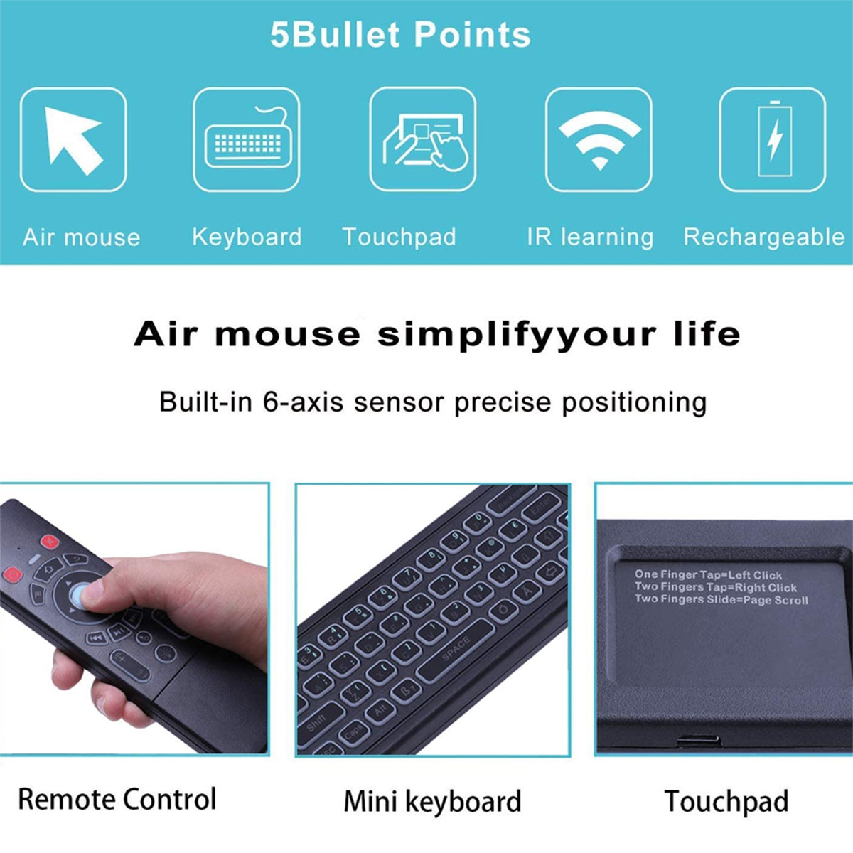 Fernbedienung, Mini-Tastatur und Touchpad mit Symbolen für Funktionen: Air Mouse, Tastatur und Aufladen.