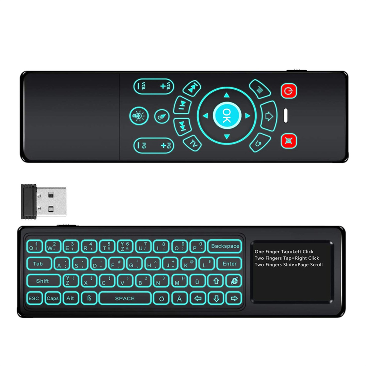 Eine schwarze Fernbedienung mit Tastatur unten, mit Tasten und einem USB-Dongle.