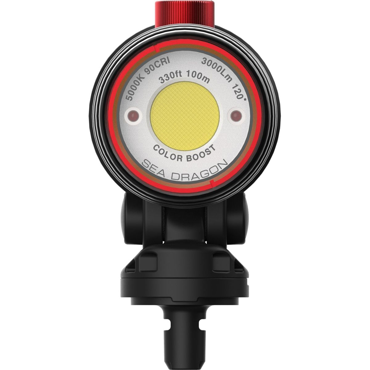 Luce subacquea rotonda nera con anello rosso, centro giallo e base nera.