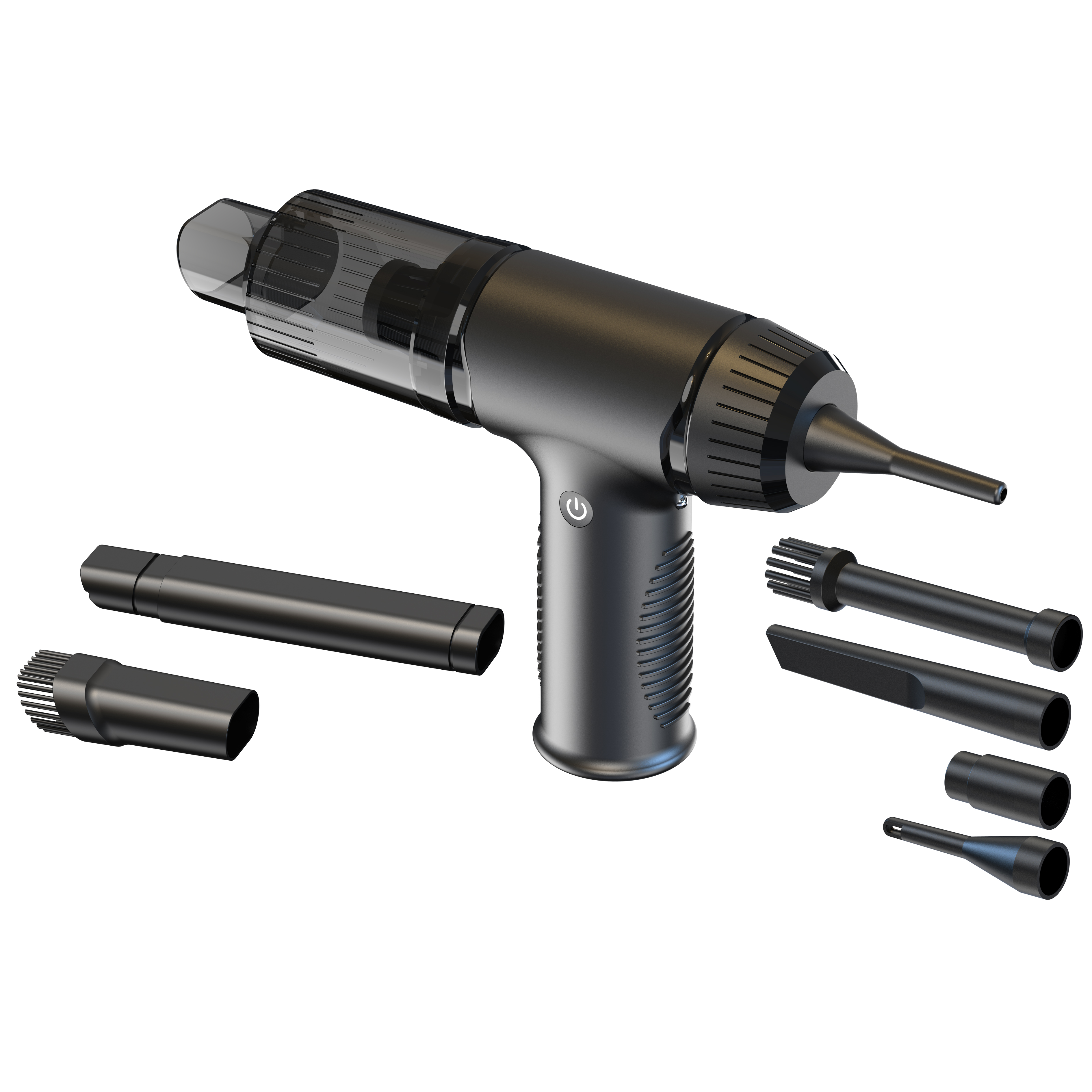 Czarny odkurzacz powietrza z kilkoma nasadkami. Jest bezprzewodowy i ma przycisk zasilania.