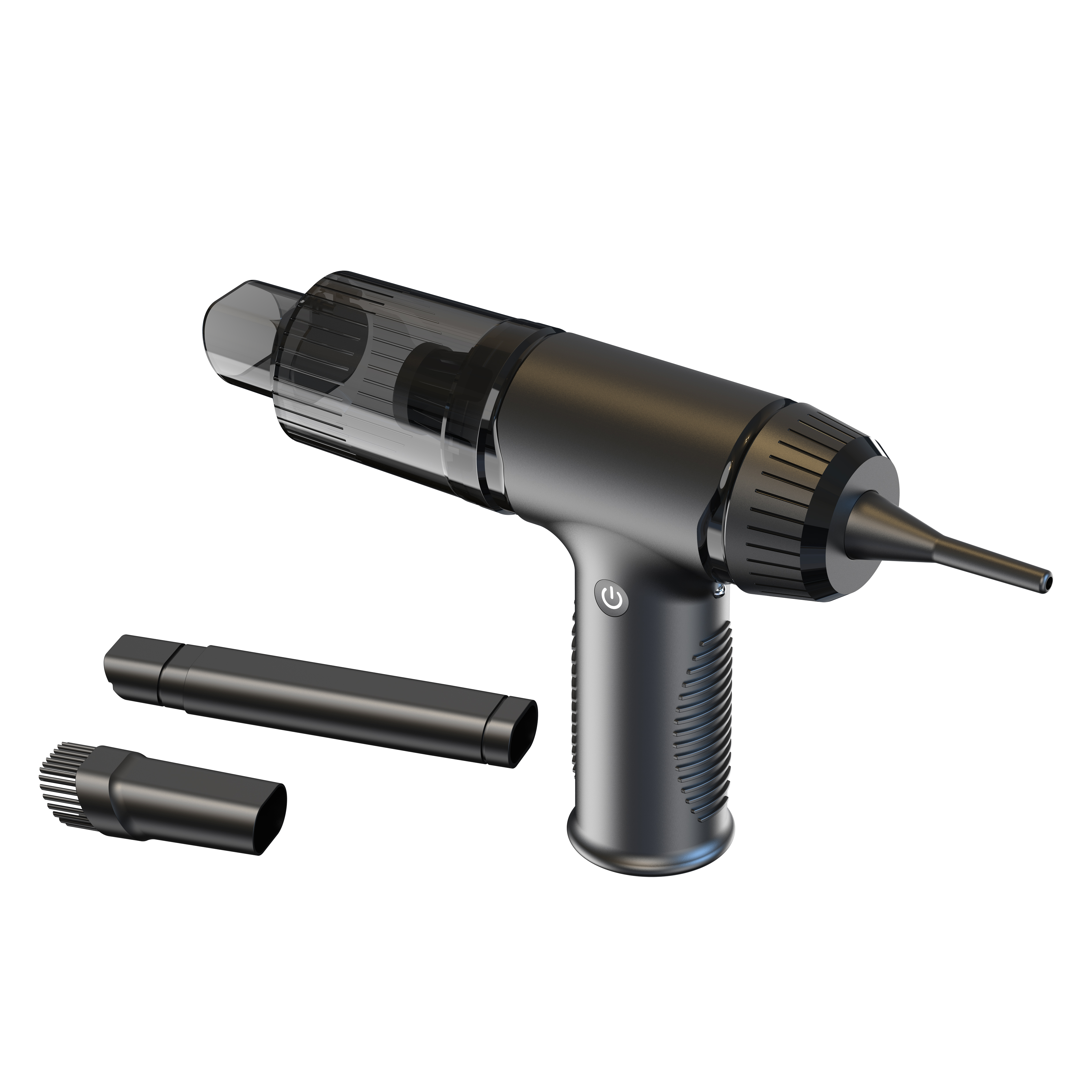 Czarne urządzenie do czyszczenia uszu z nasadkami, na białej powierzchni, zbliżenie.