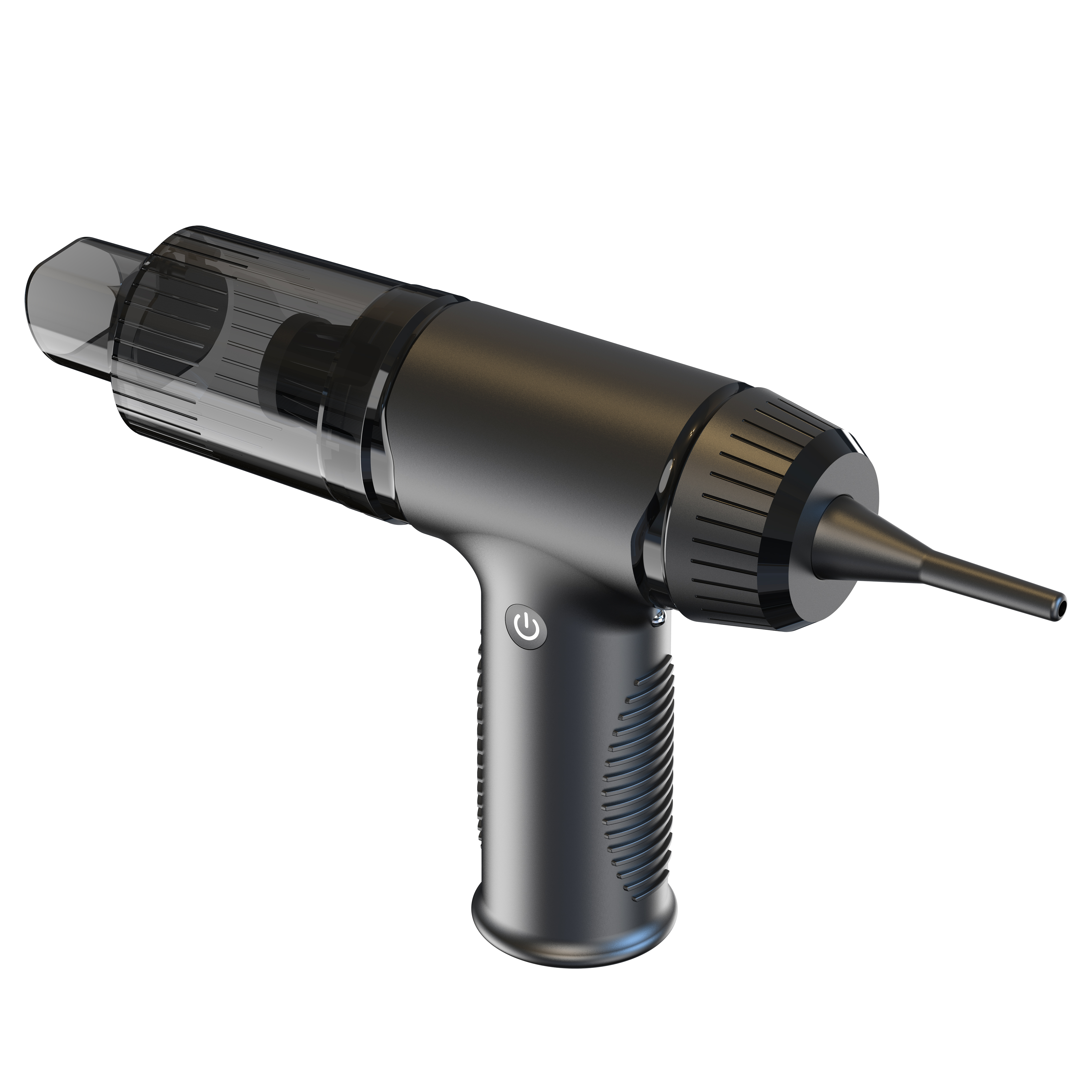 Czarny odkurzacz powietrza w kształcie litery T. Ma przezroczysty plastikowy element, aby pokazać wnętrze.