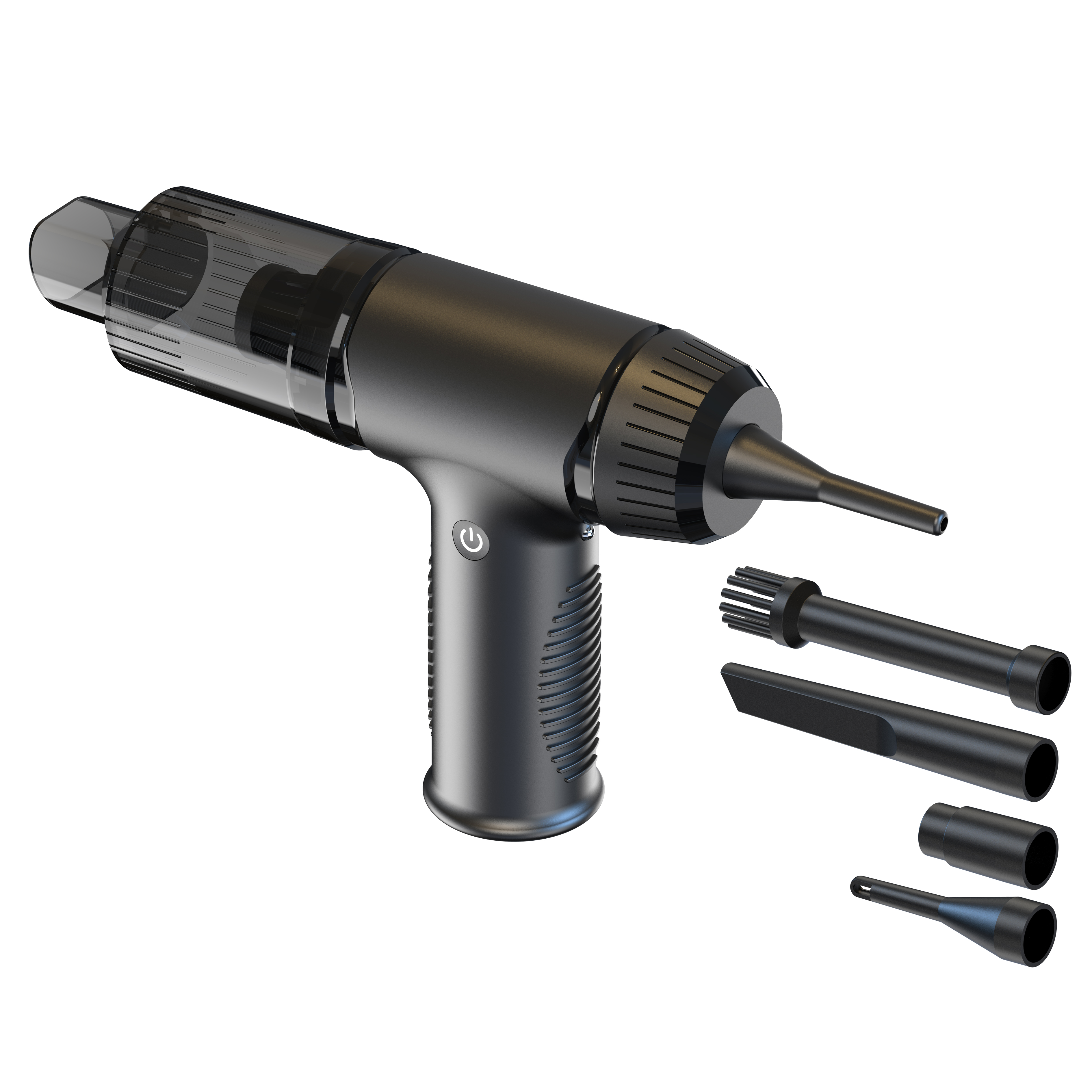 Czarny ręczny odkurzacz powietrza z nasadkami. Trzy dodatkowe dysze po prawej stronie. Białe tło.