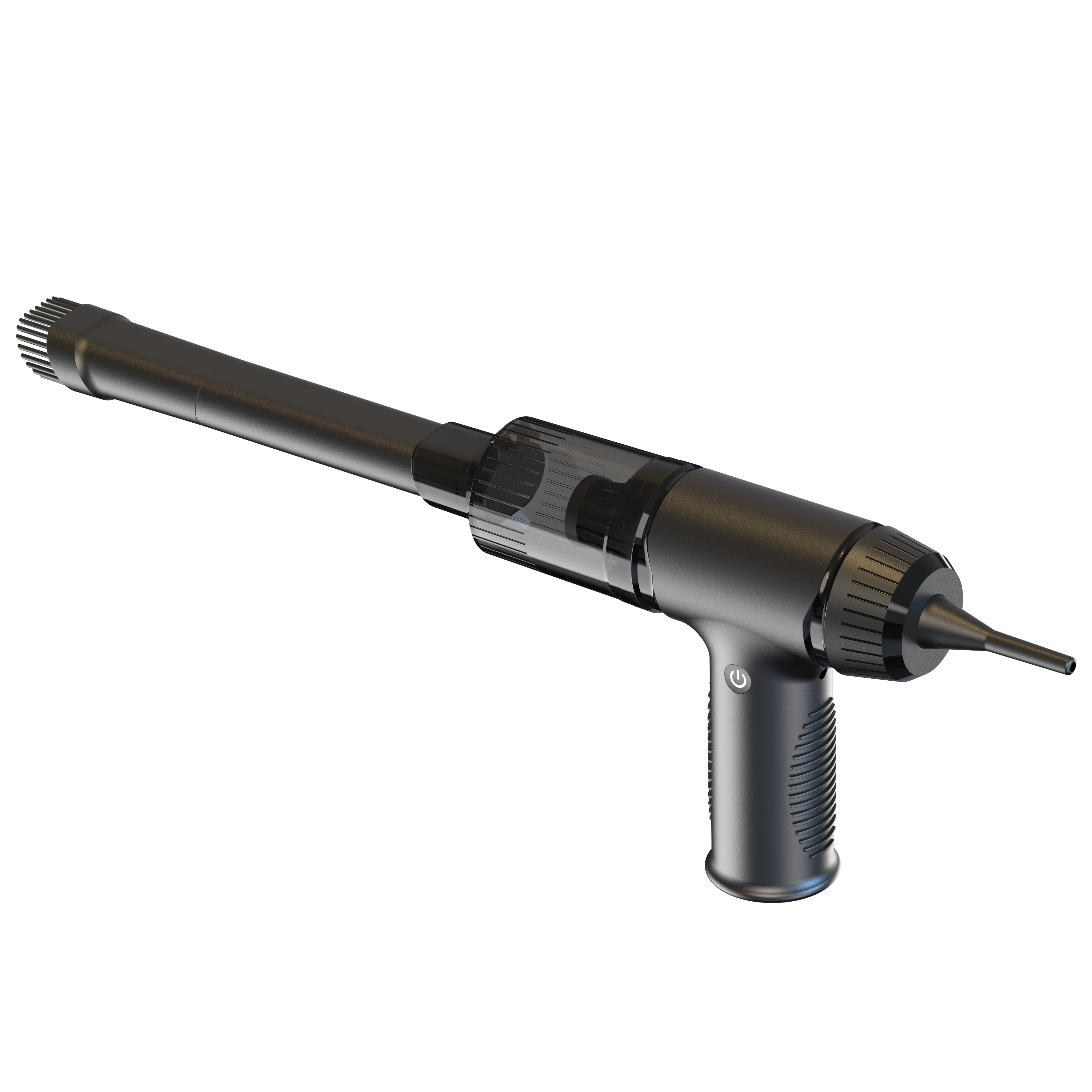 Czarny środek do czyszczenia uszu z uchwytem i dyszą, skierowany w prawo.