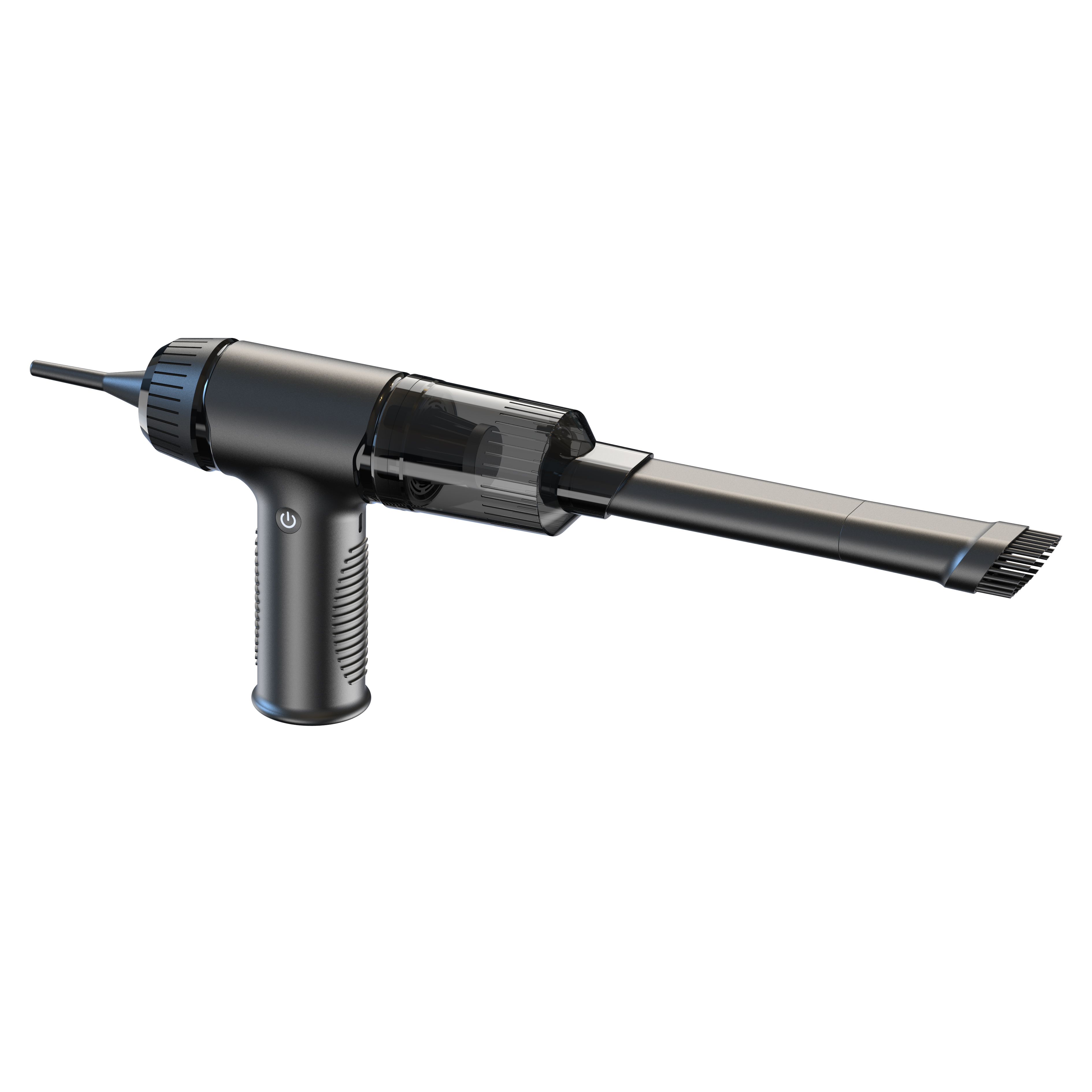 Czarny ręczny odkurzacz z dyszą. Używany do czyszczenia.