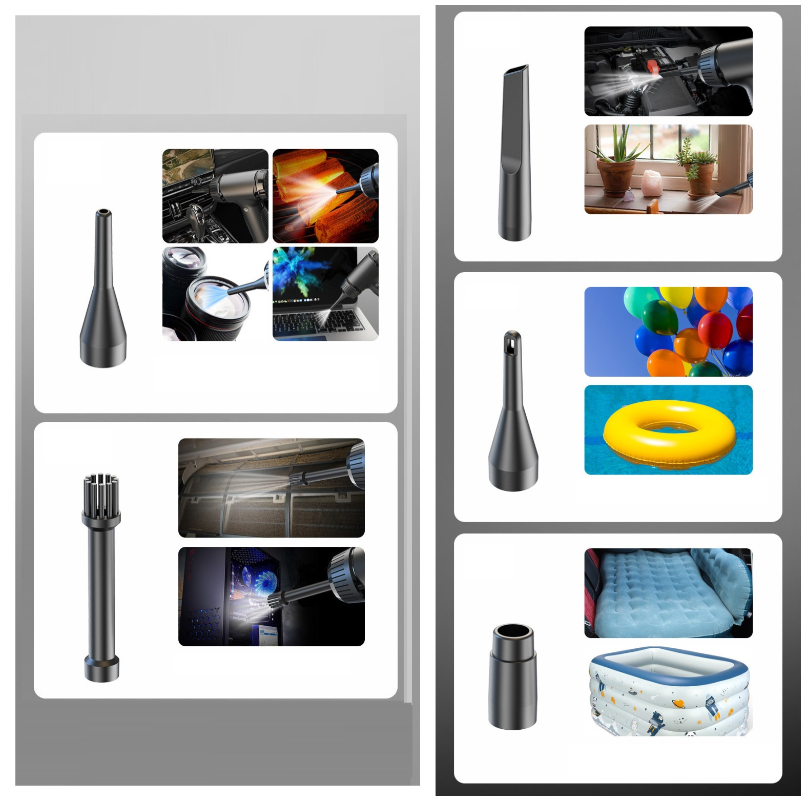 Różne narzędzia, w tym dmuchawa i dysze, używane do czyszczenia różnych przedmiotów.