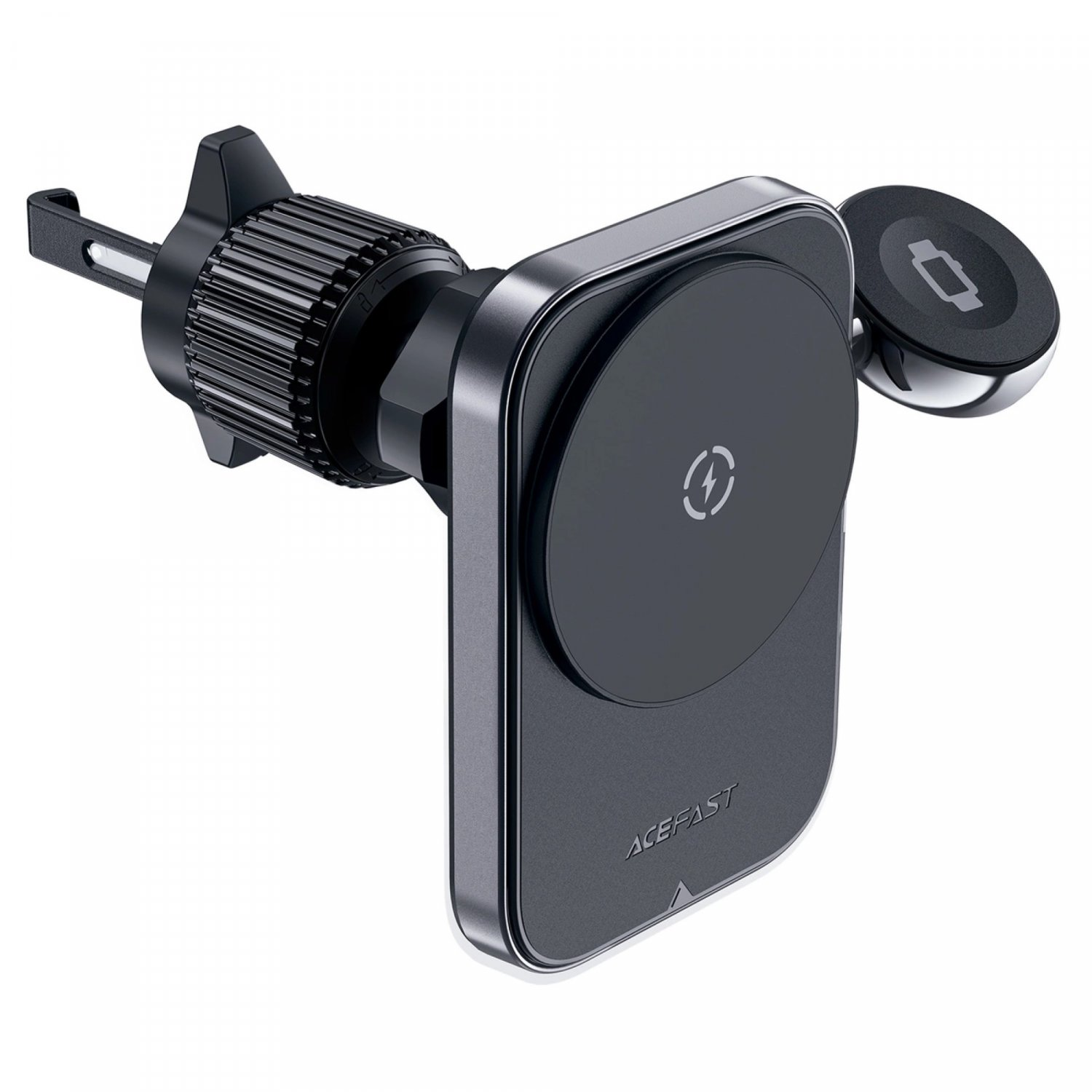 Un soporte para teléfono de coche negro y gris con una superficie magnética.