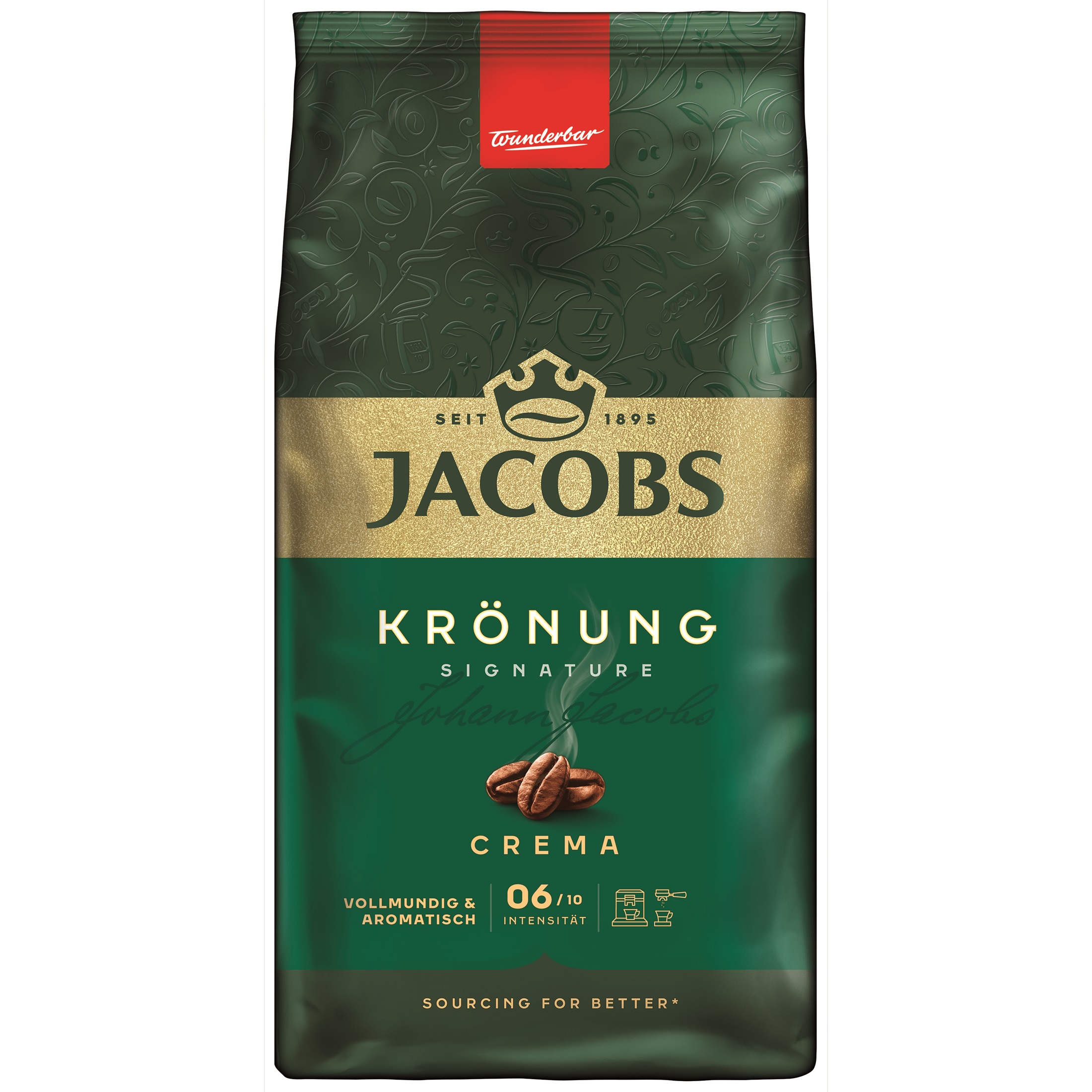 Jacobs Krönung Kaffeepackung, mit Etikett und dem Wort 'Crema'.