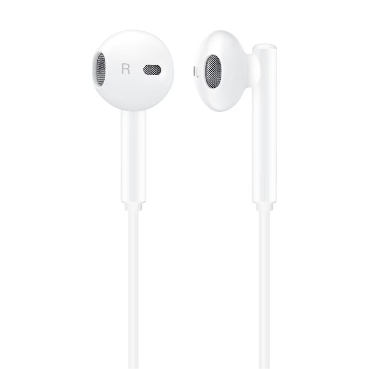 Paio di auricolari bianchi con cavi bianchi. L'auricolare sinistro ha una "R" sopra.