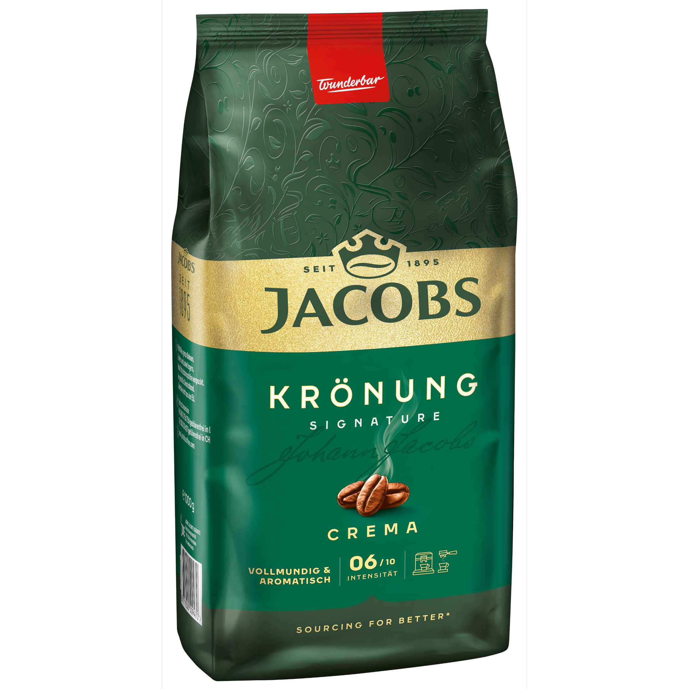 Jacobs Krönung Kaffeepackung, grün mit goldenem Text und Kaffeebohnen-Bild.