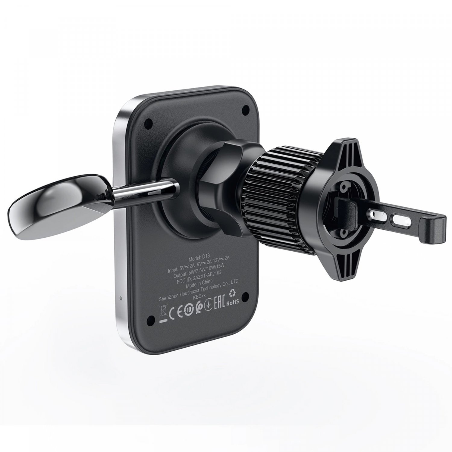 Soporte para teléfono de coche negro. Tiene una base magnética con borde plateado y mecanismo giratorio.