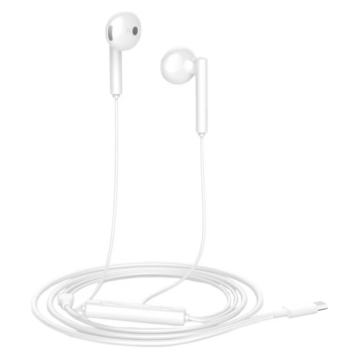 Auricolari bianchi con microfono e cavo, presentati su sfondo bianco.