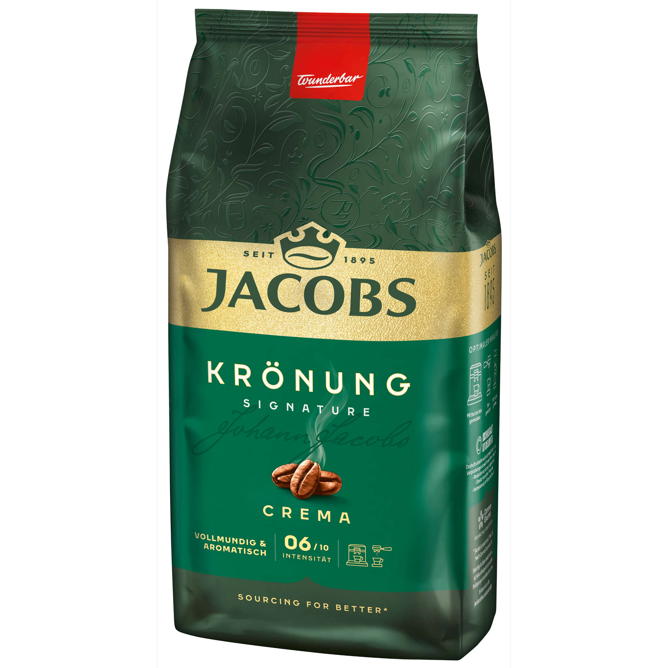 Grüner Jacobs-Kaffeebeutel. Goldene Schrift und Kaffeebohnen-Grafik. Text: Krönung, Signature.