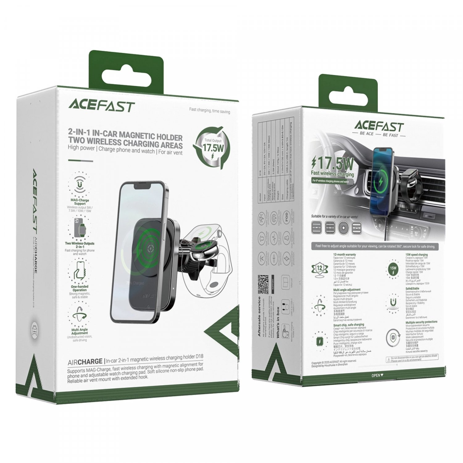 Caja de soporte para teléfono de coche, mostrando funciones de carga, con teléfono y cargador.