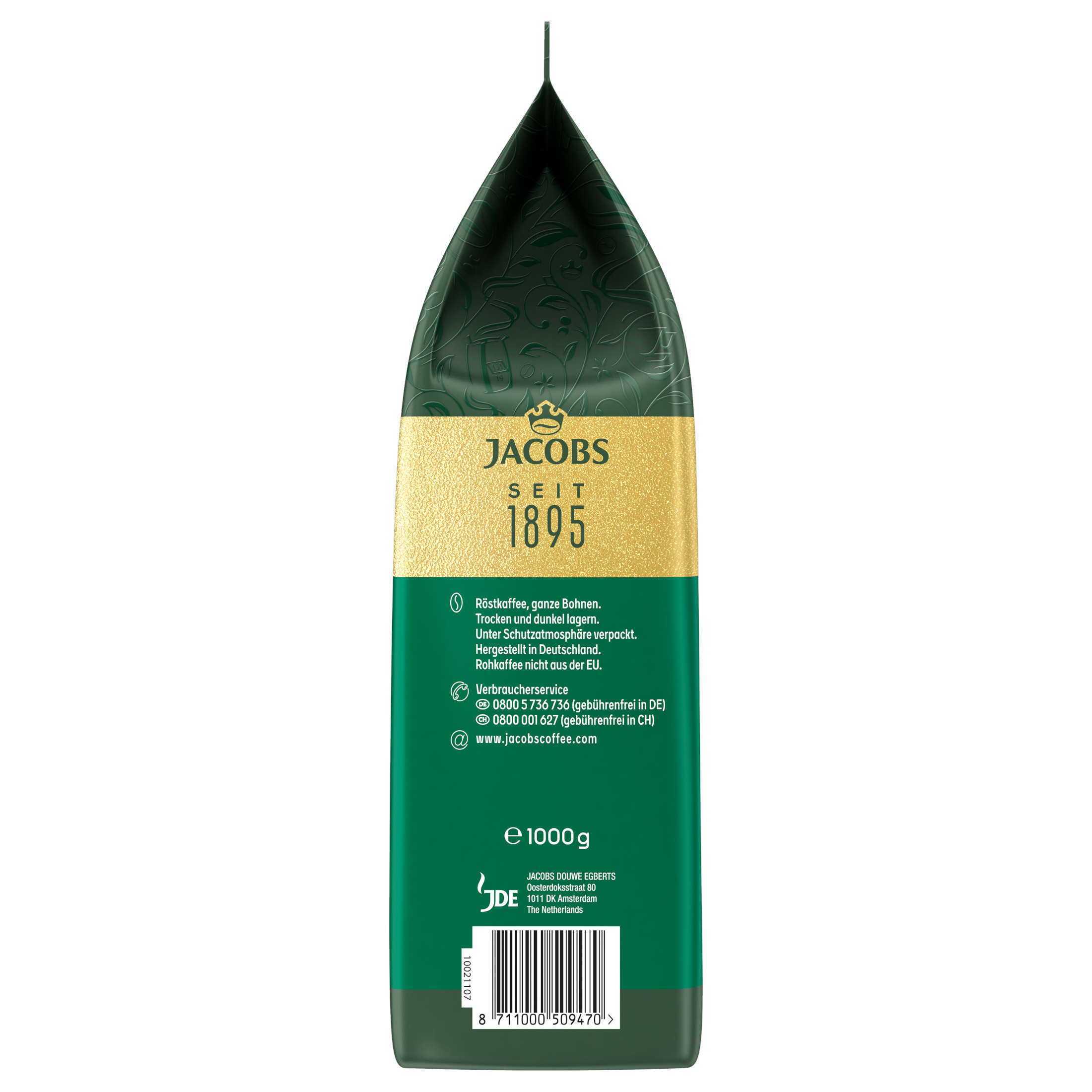 Grüner und weißer Jacobs Kaffeebeutel, mit Text und Informationen, einschließlich 'Jacobs Seit 1895' und Nährwertangaben.